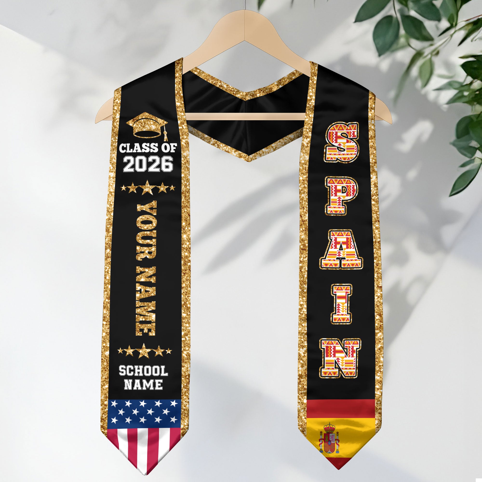 Spain Graduation Stole 2026, Spain Flag Sash, Personal Detail Option for Graduates