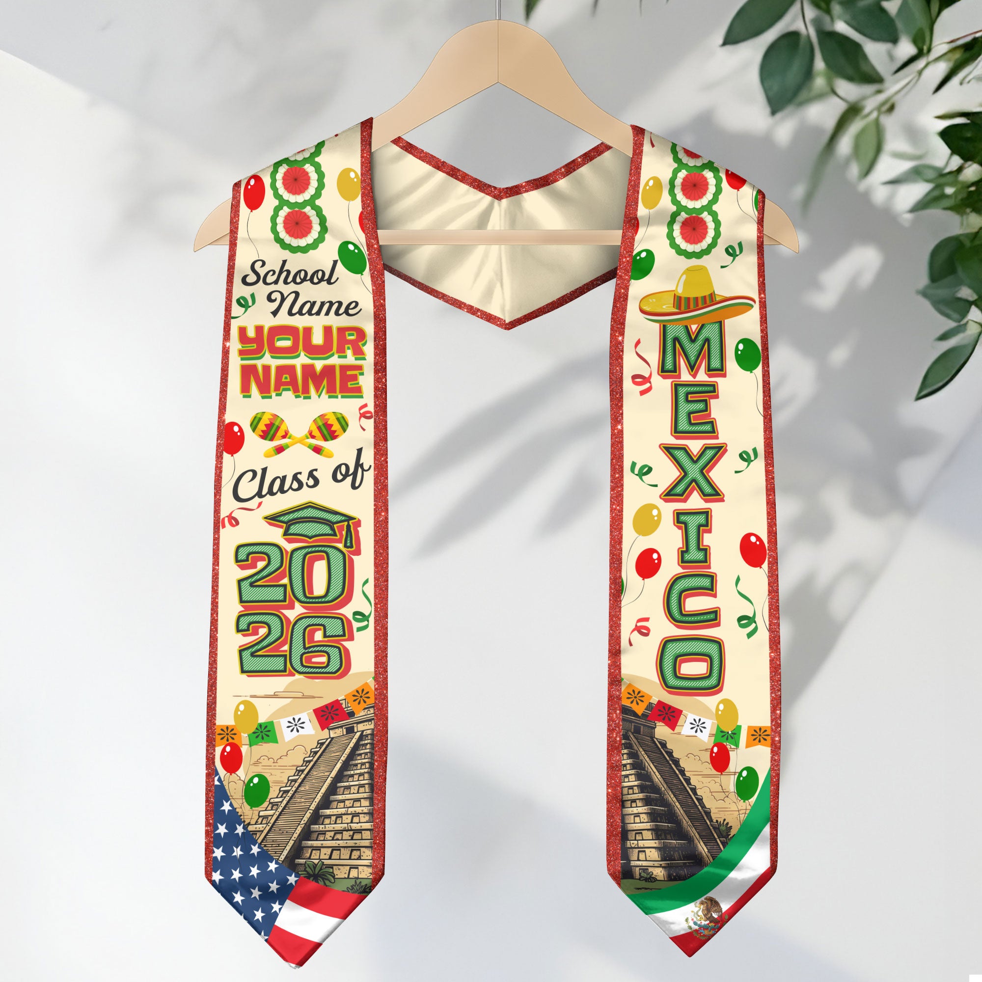 Mexican Graduation Sash 2026, Mexico Flag Stole, Name Detail Option for Ceremony Photos