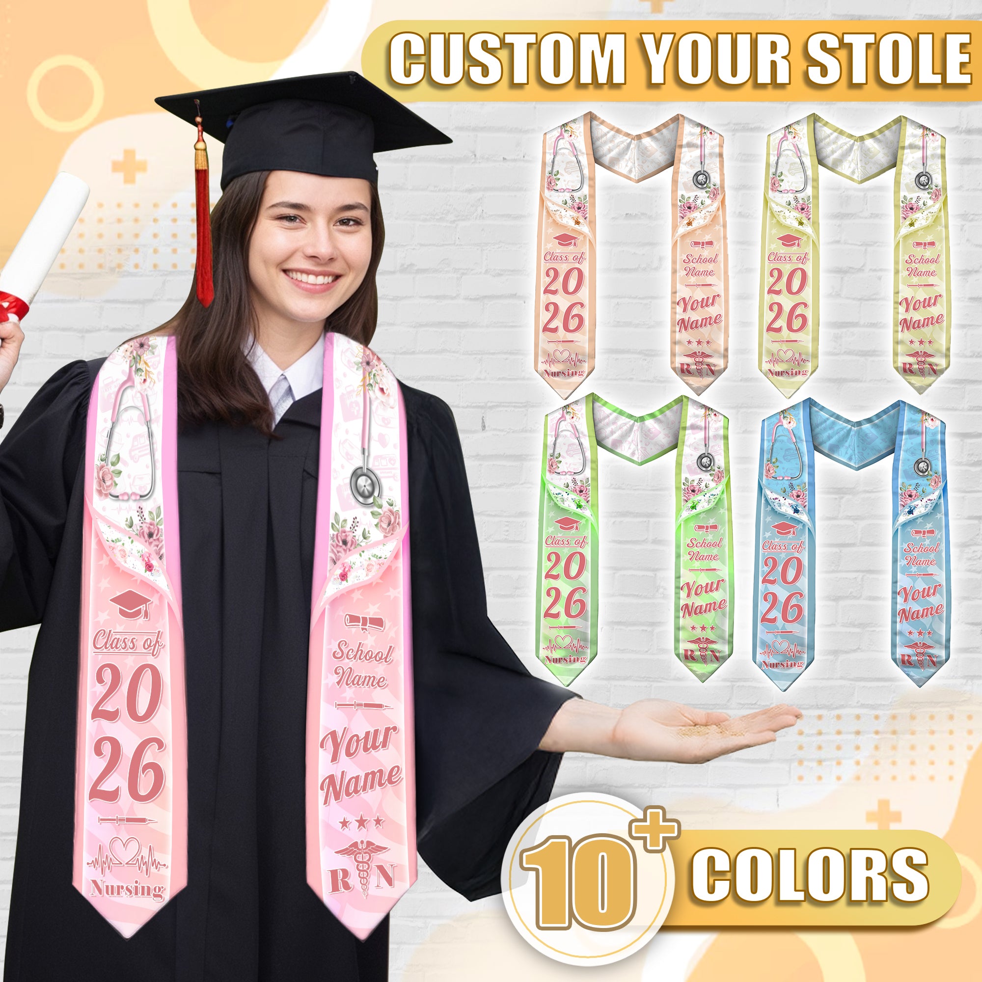 Customized Nursing Graduation Stole for Registered Nurses, BSN Celebration Sash 2026