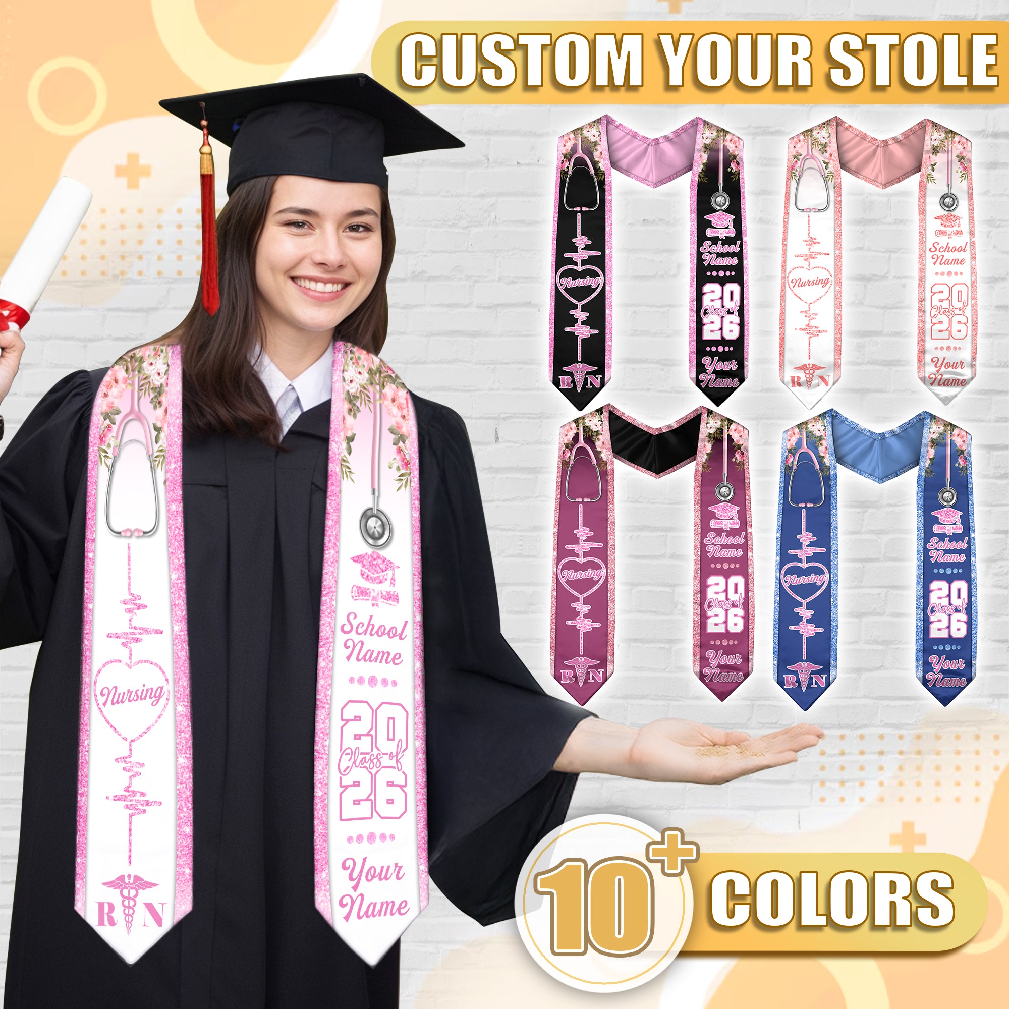 Customized RN Graduation Stole Designed for Nursing School Ceremonies, Class of 2026