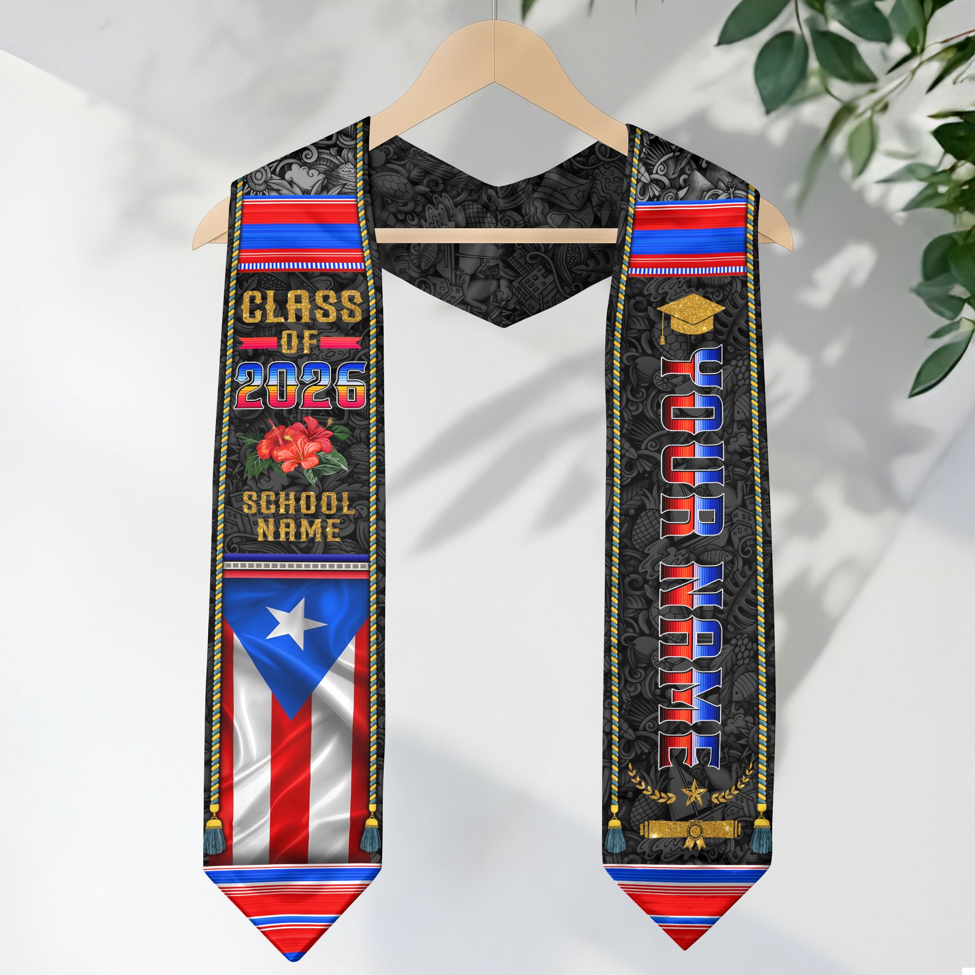 Puerto Rican Flag Graduation Stole 2026, Puerto Rico Stole Sash, Custom Finish for Grads
