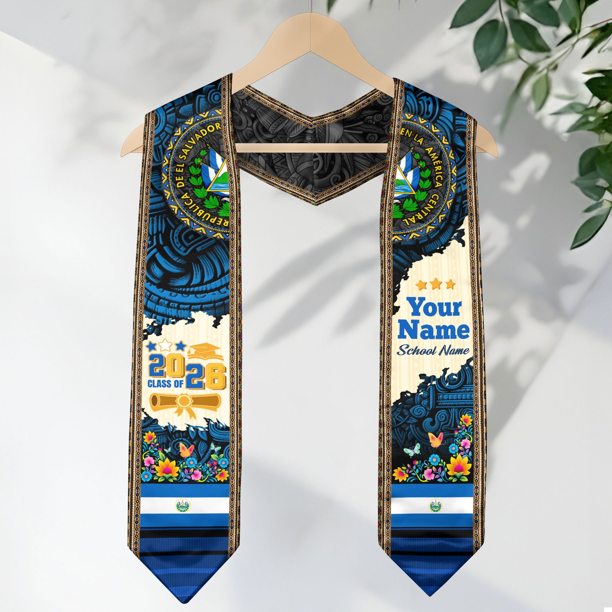2026 El Salvador Stole, Graduation Sash for El Salvador Pride, Flag-Inspired Sash