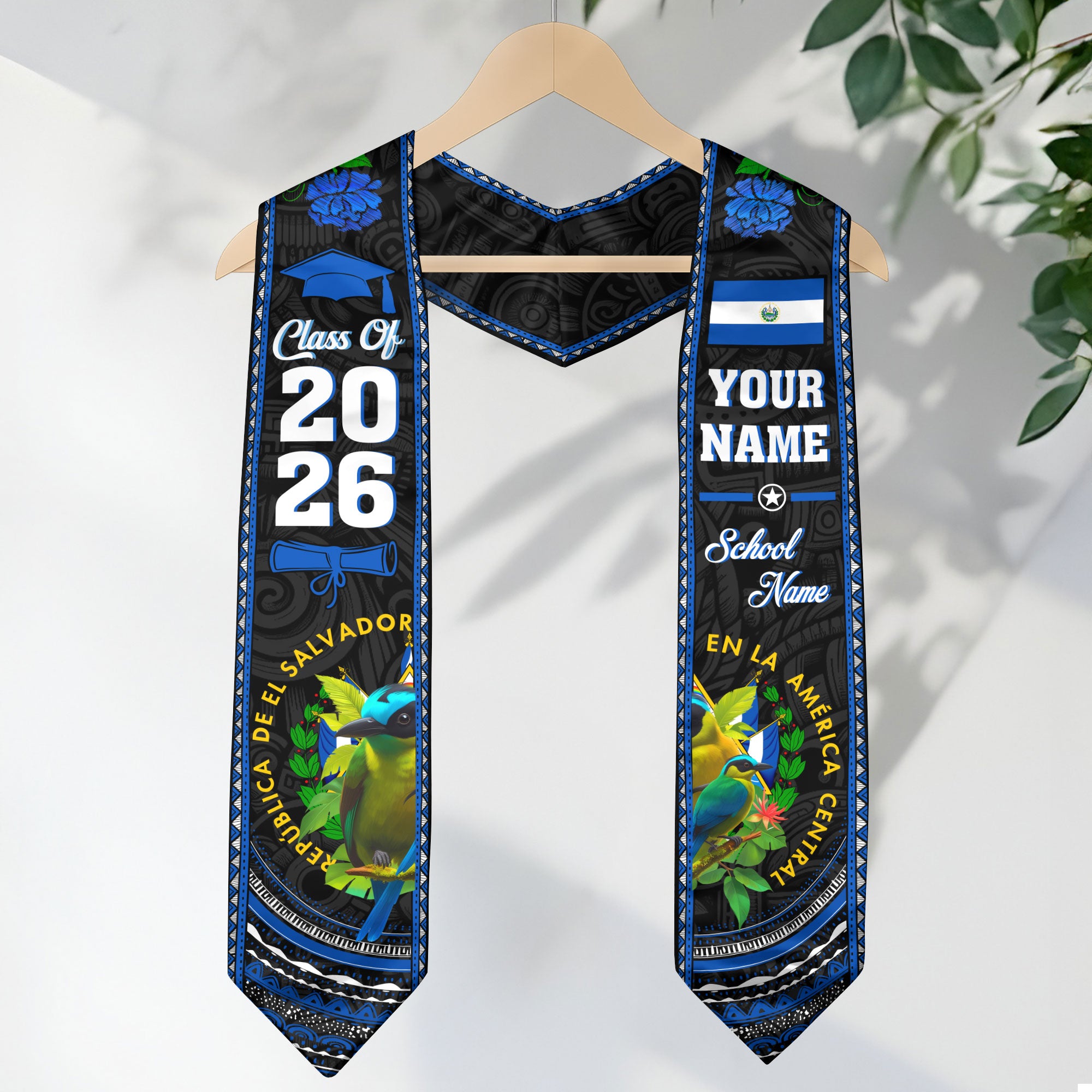 El Salvador Graduation Stole 2026, El Salvador Flag Sash, Personal Detail Option for Grads