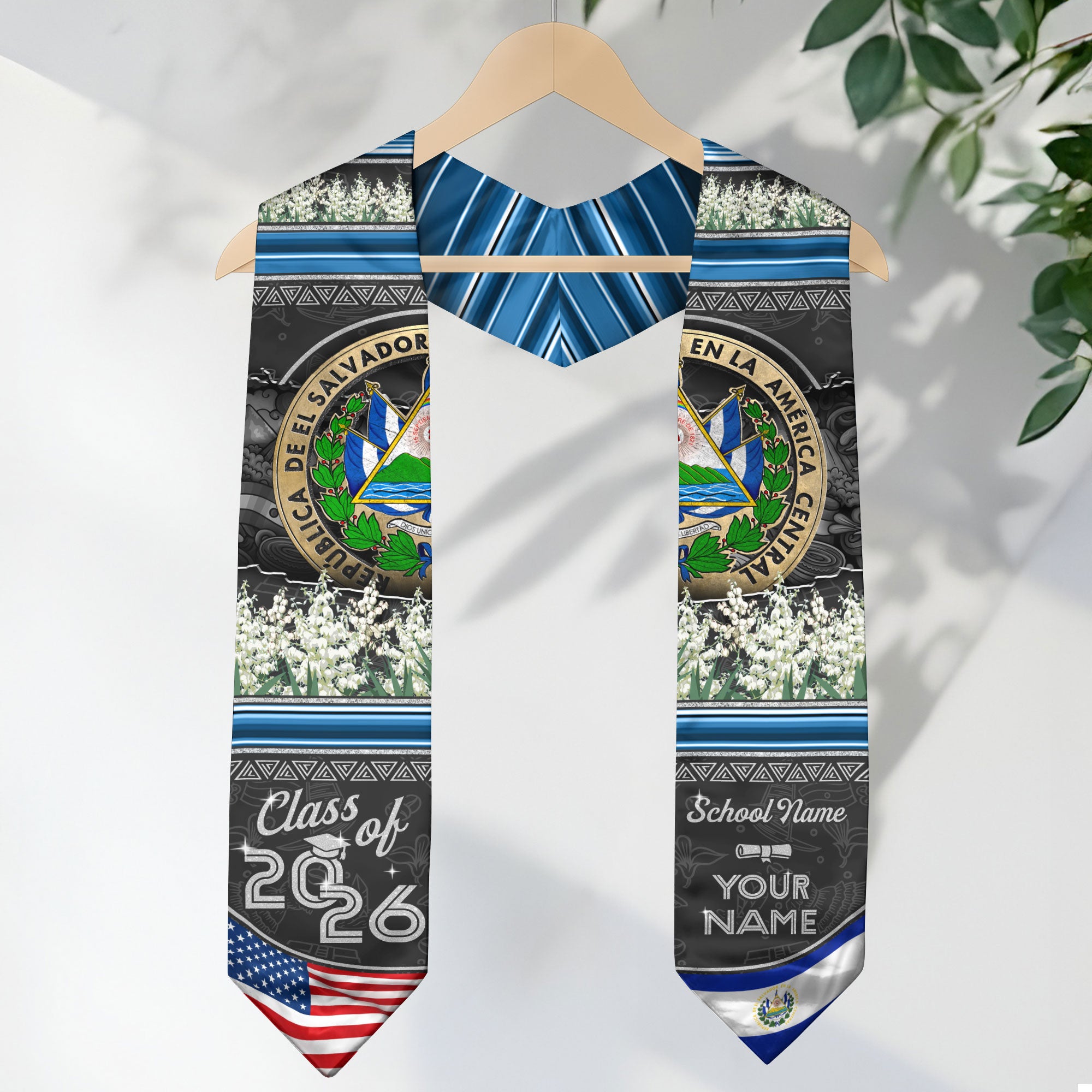 Salvadoran Flag Graduation Sash 2026, El Salvador Grad Stole, Custom Accent Detail