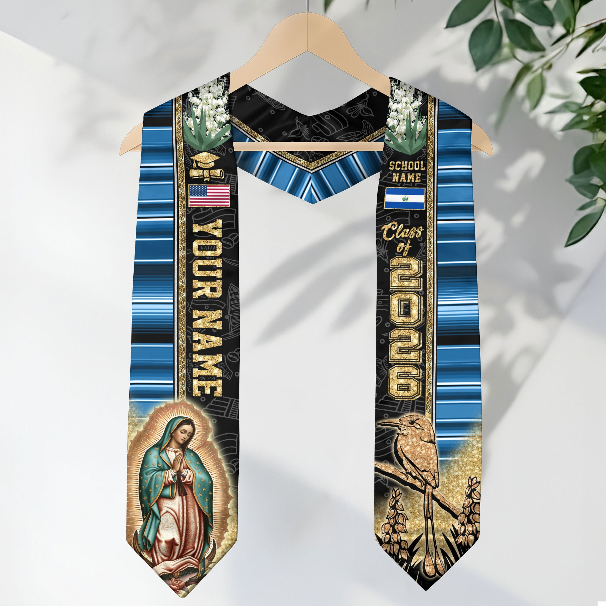 El Salvador Flag Graduation Stole 2026, Salvadoran Stole Sash, Custom Detail Choice 2026