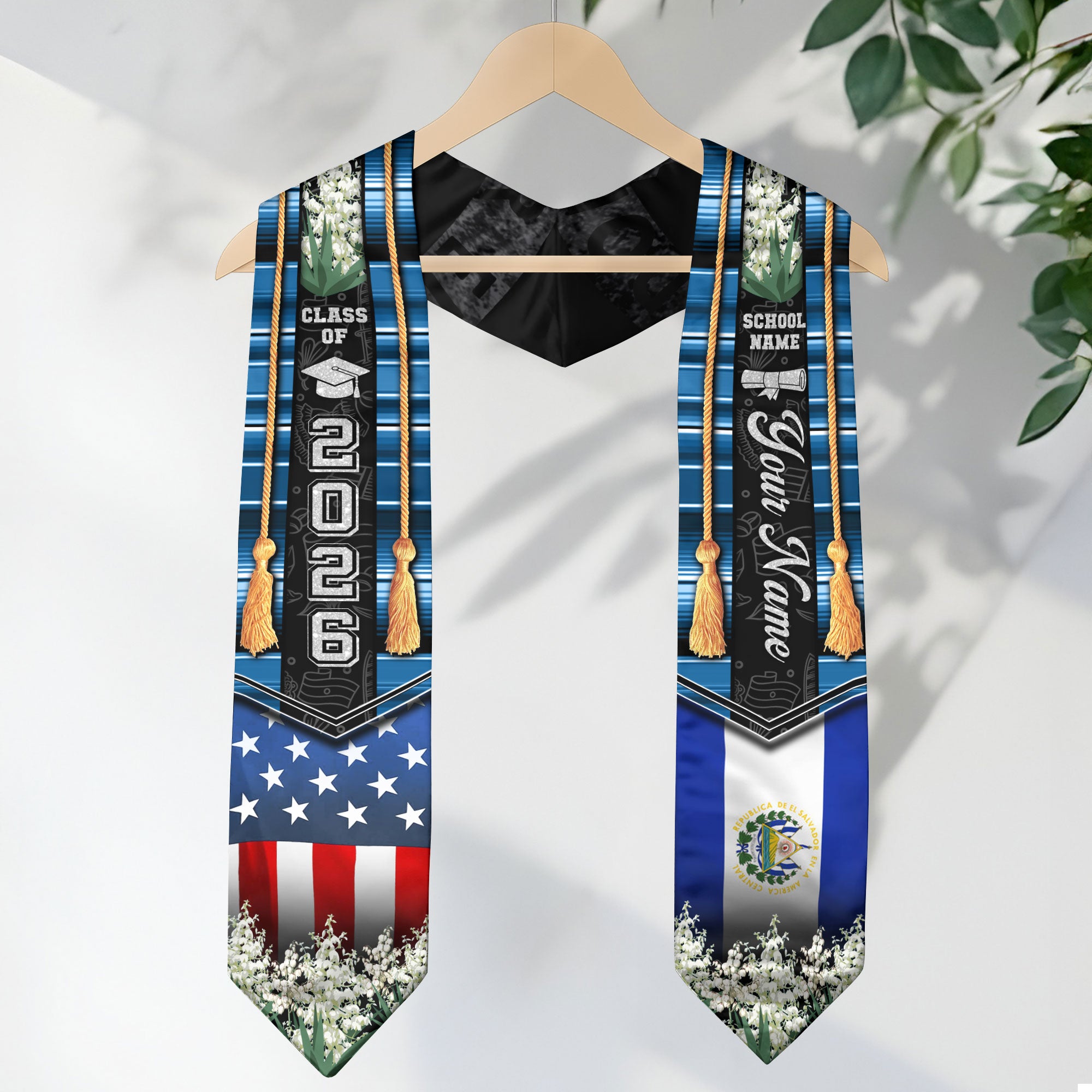 El Salvador Graduation Stole 2026, Salvadoran Flag Sash, Custom Detail for Graduates