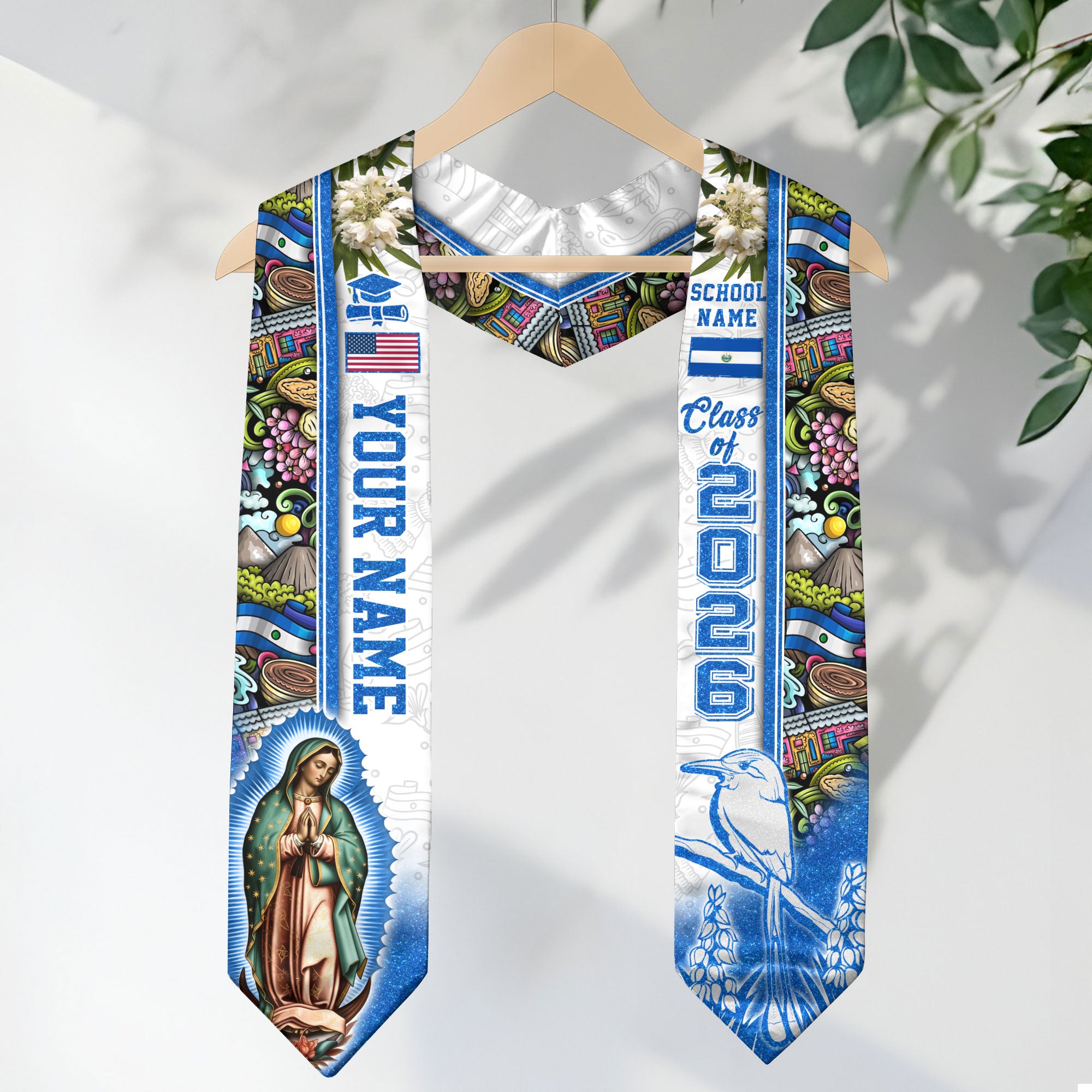 Salvadoran Flag Graduation Stole 2026, El Salvador Graduation Sash, Custom Trim for Grads