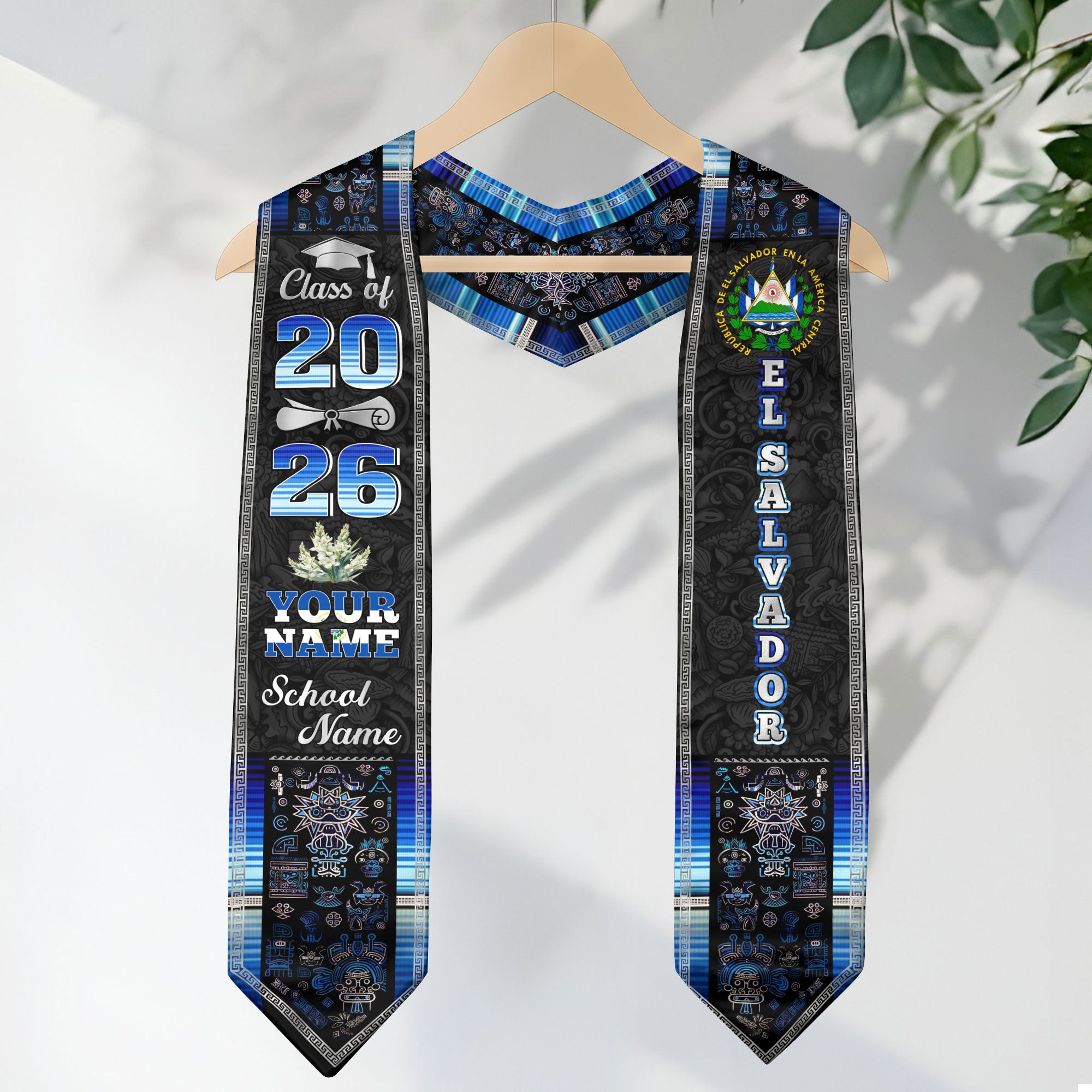 Salvadoran Flag Graduation Sash 2026, El Salvador Graduation Stole, Tailored Detail Grads