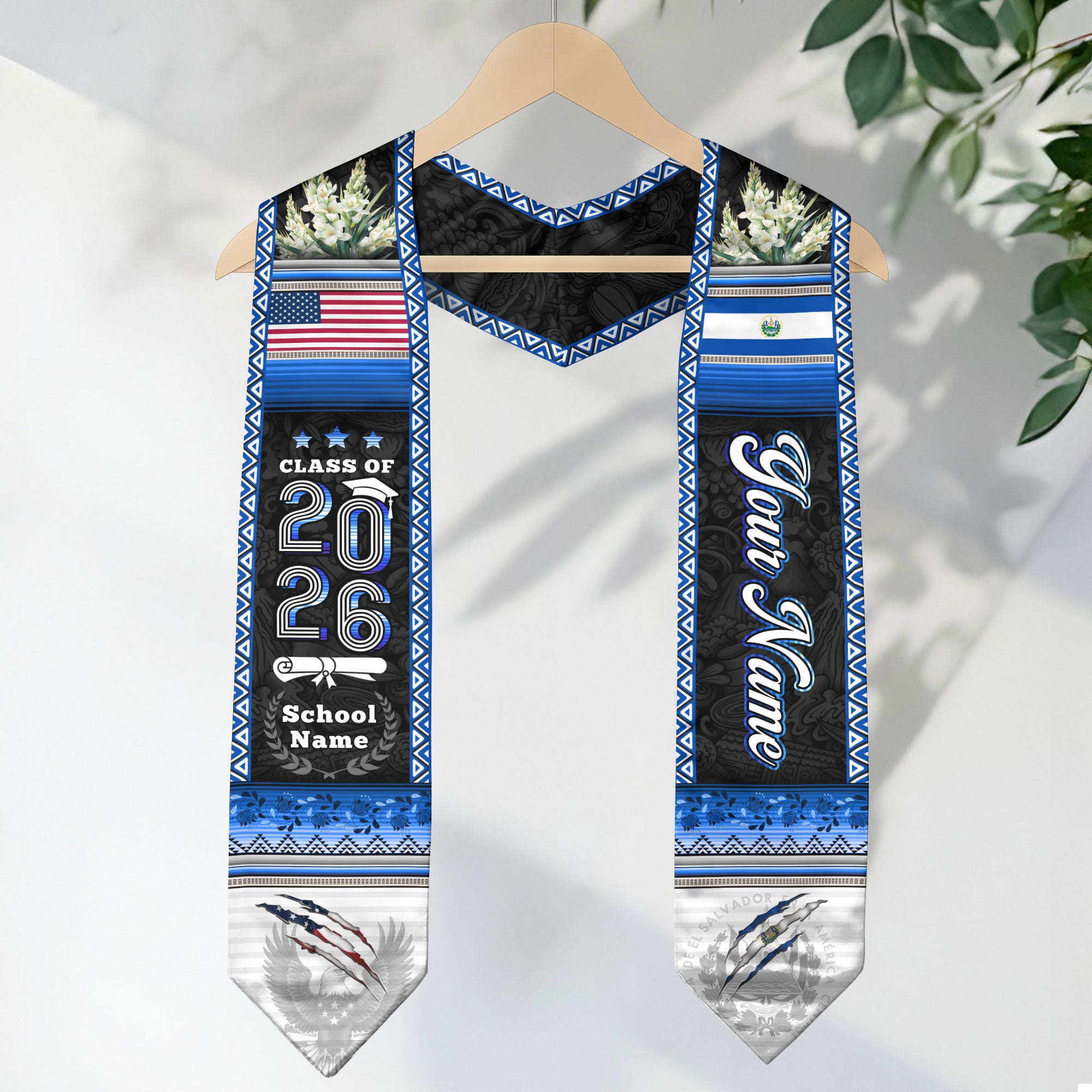 El Salvador Flag Graduation Stole 2026, Salvadoran Grad Sash, Signature Finish for 2026