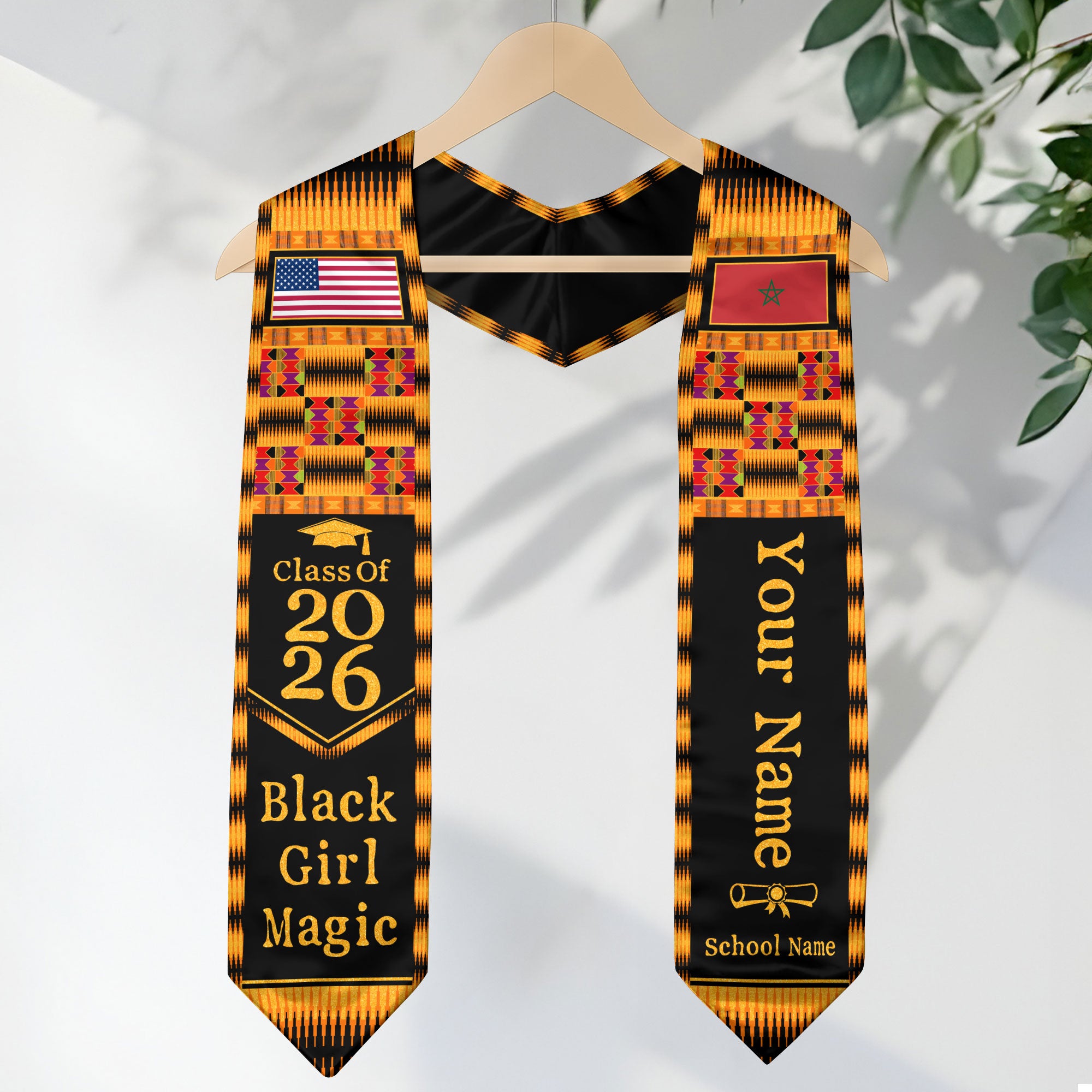 Customized Graduation Stole Morocco Showcasing Cultural Flag Design, Graduation Sash Class of 2026