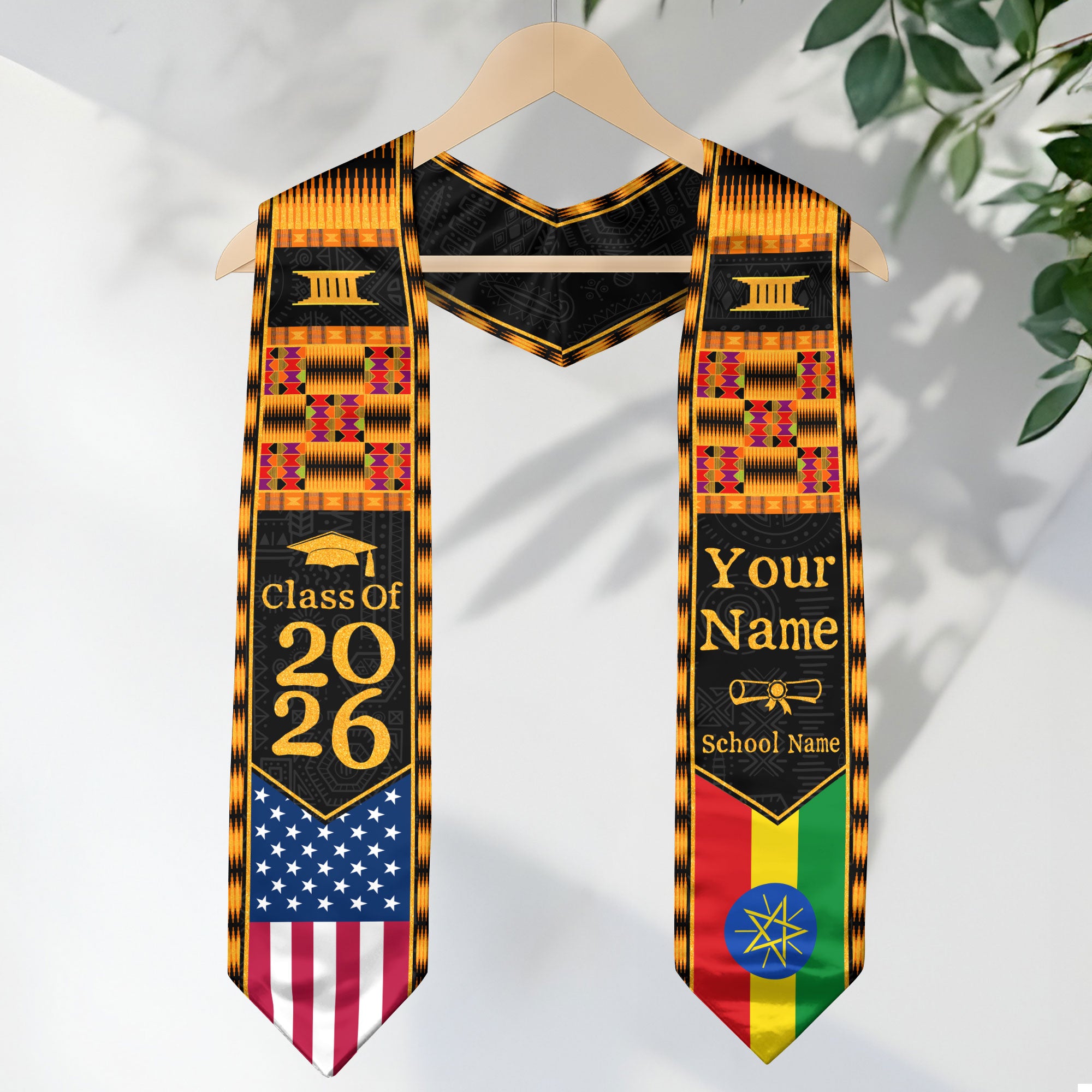 Customized Graduation Stole Ethiopia Showcasing Cultural Flag Pride Motif, Graduation Sash Class of 2026