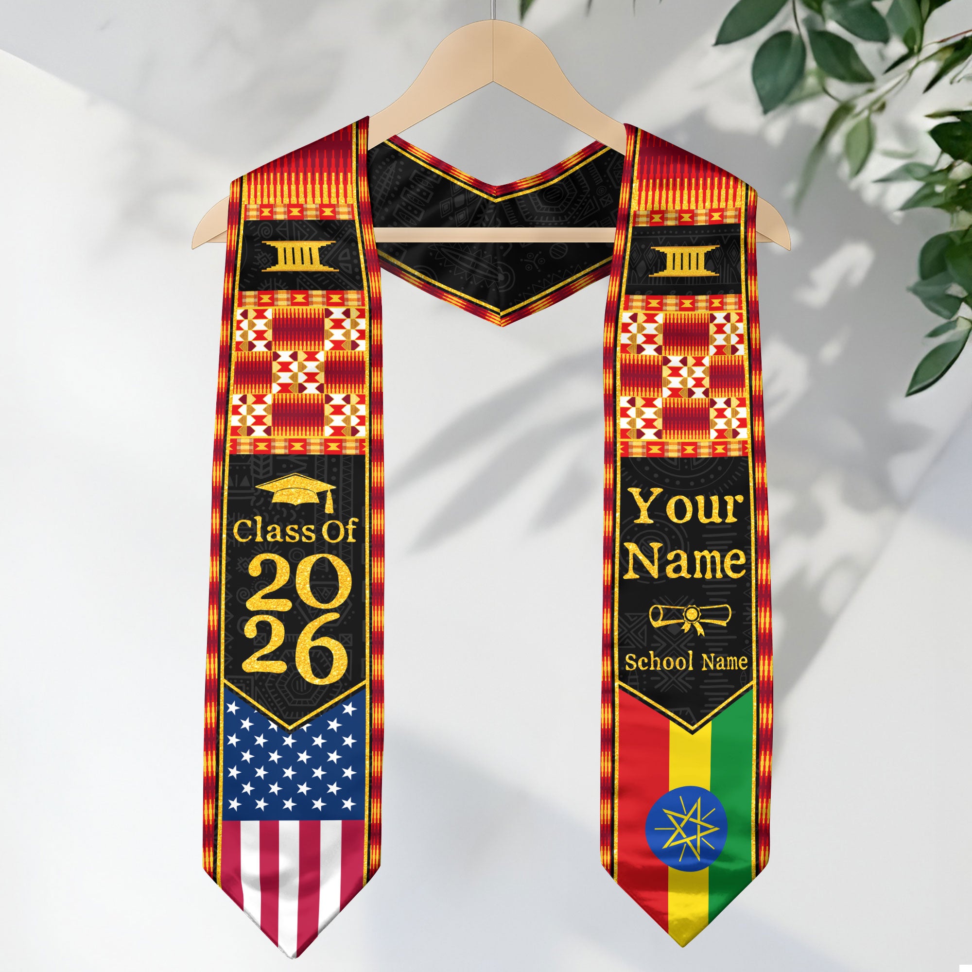 Customized Ethiopian Graduation Stole Featuring Flag Identity Pattern, Graduation Sash Class of 2026