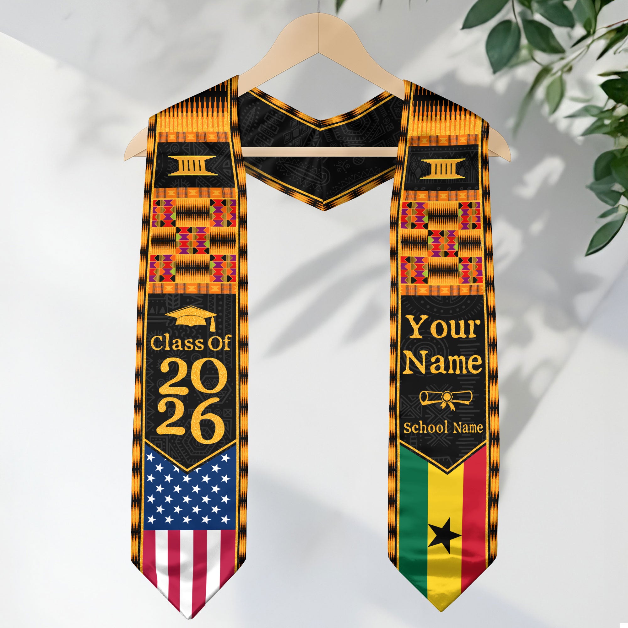 Customized Ghana Graduation Stole Showcasing Cultural Flag Pride Motif, Graduation Sash Class of 2026