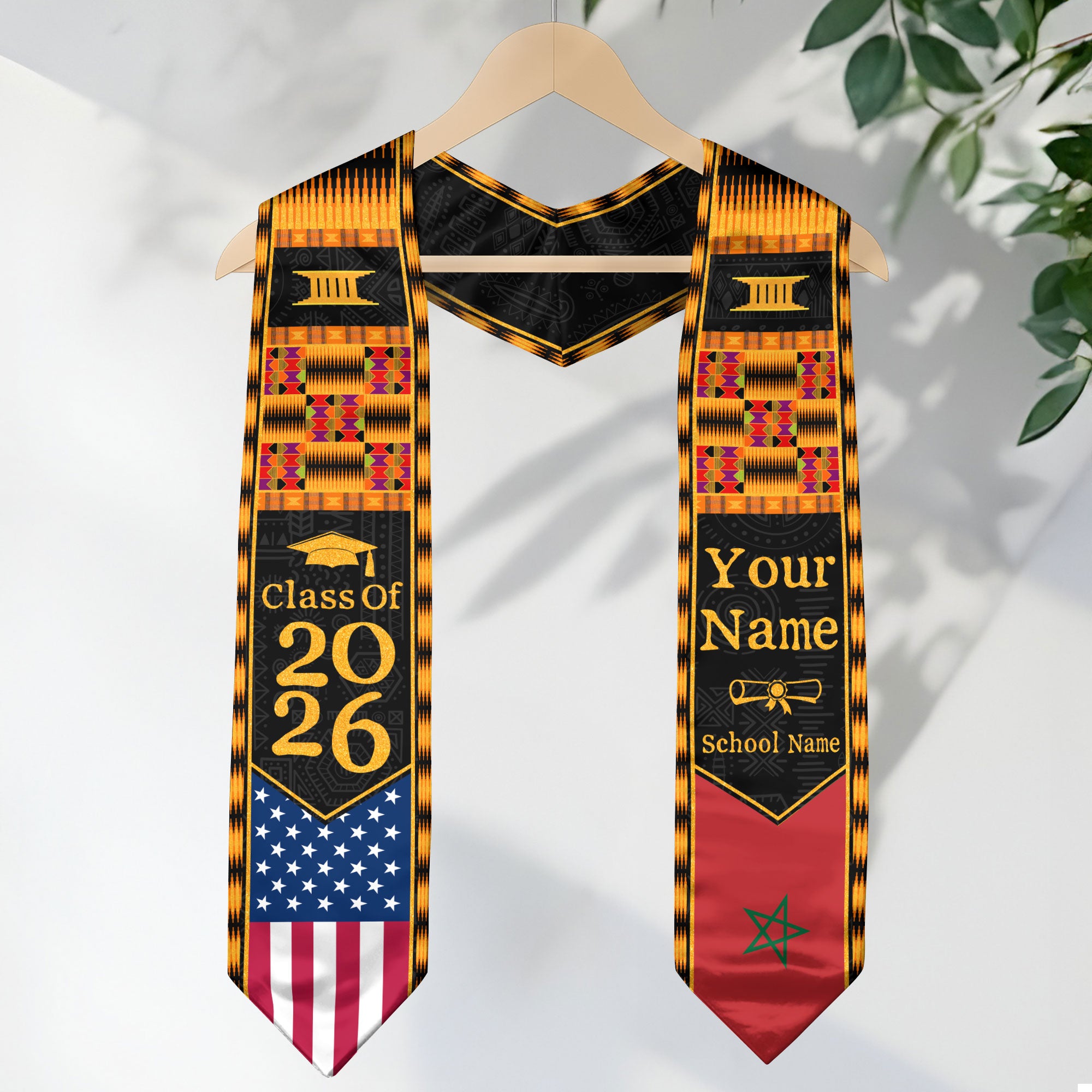 Customized Graduation Stole Morocco Showcasing Cultural Flag Motif, Graduation Sash Class of 2026