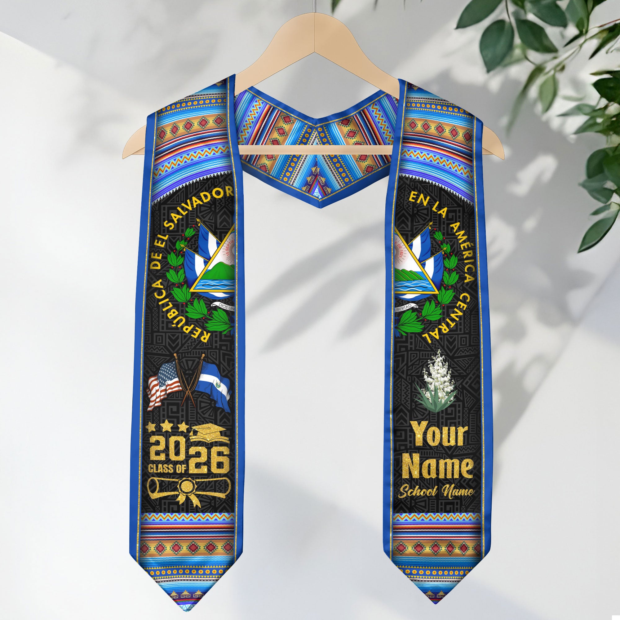 El Salvador Graduation Stole 2026, Salvadoran Flag Sash, Tailored Detail for Class of 2026