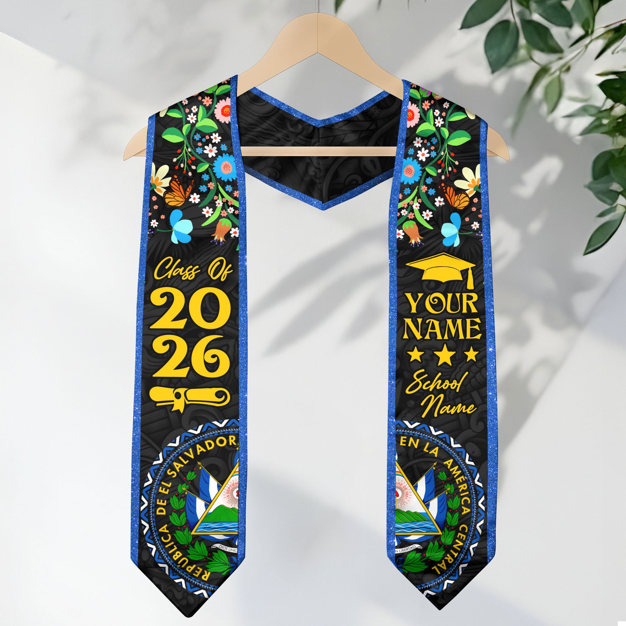 El Salvador Graduation Stole 2026, Salvadoran Flag Sash, Personal Detail Option for Grads