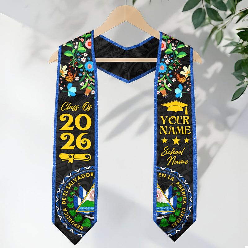 El Salvador Graduation Stole 2026, Salvadoran Flag Sash, Personal Detail Option for Grads