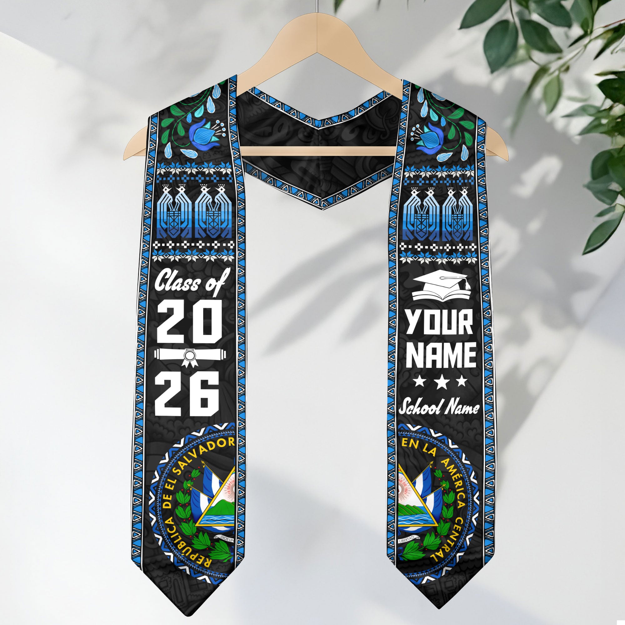 El Salvador Flag Graduation Stole 2026, Salvadoran Sash, Add Your Name Detail Option