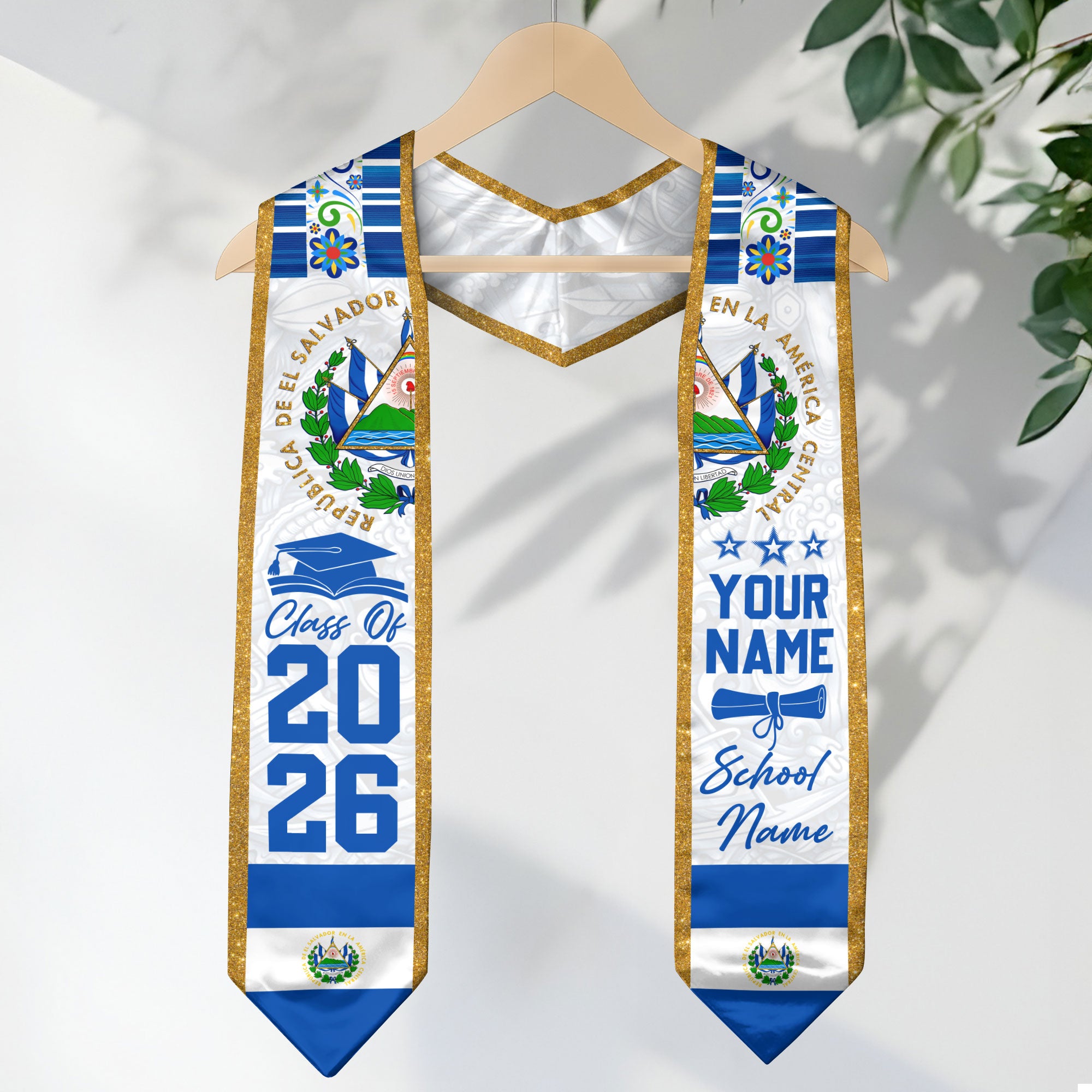 2026 El Salvador Graduation Sash, Salvadoran Flag Stole, Custom Detail Style for Grads