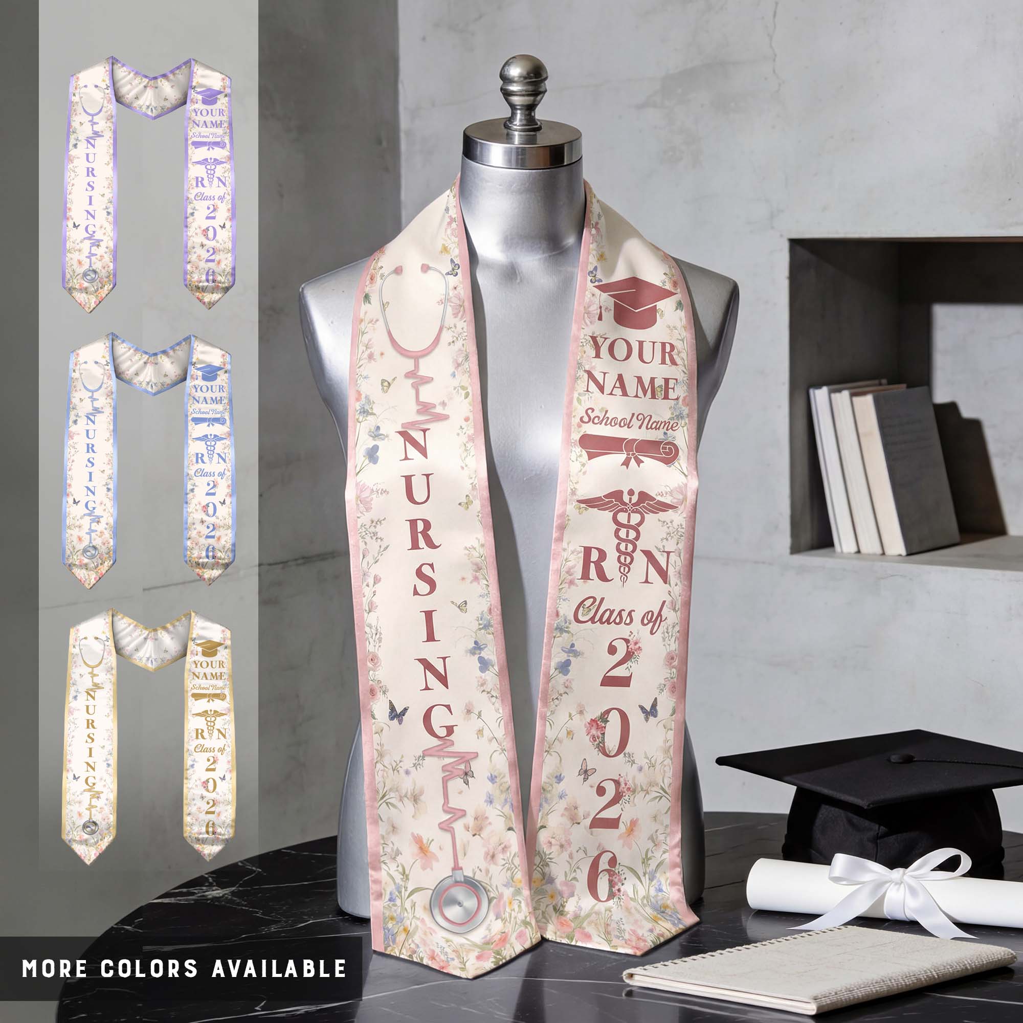 Customized Nursing Graduation Stole with RN Theme, BSN Nurse Commencement Sash for Class of 2026