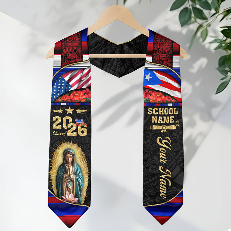 Customized Puerto Rico Graduation Stole with Patriotic Flag Motif, Graduation Sash Class of 2026