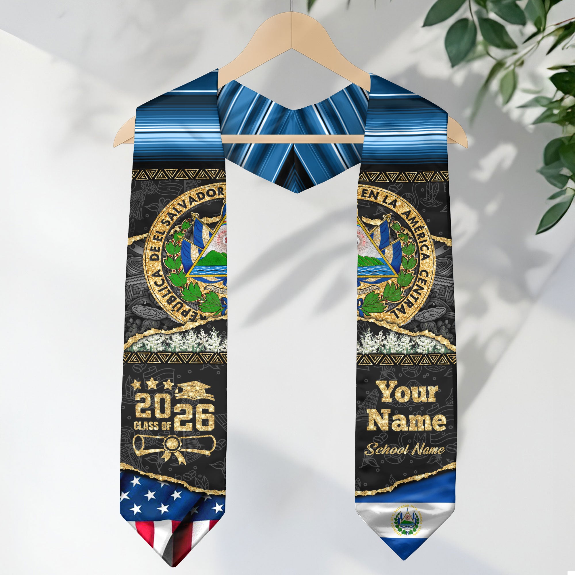 Customized El Salvador Graduation Stole Featuring Salvadoran Flag Accents, Graduation Sash 2026