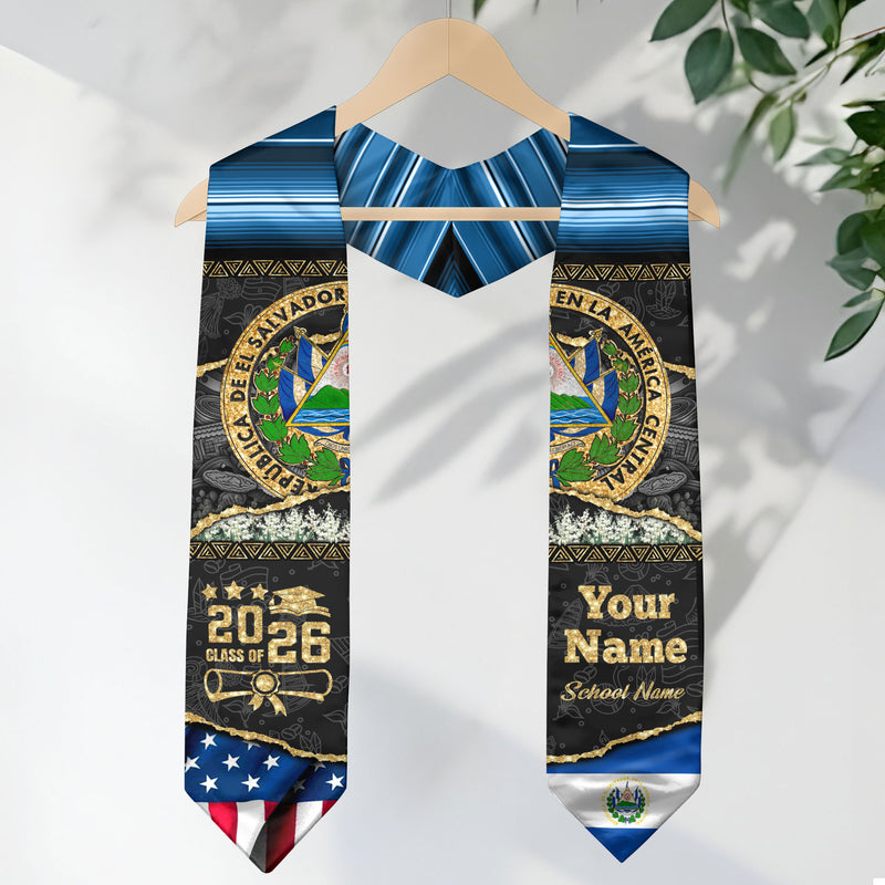 Customized El Salvador Graduation Stole Featuring Salvadoran Flag Accents, Graduation Sash 2026