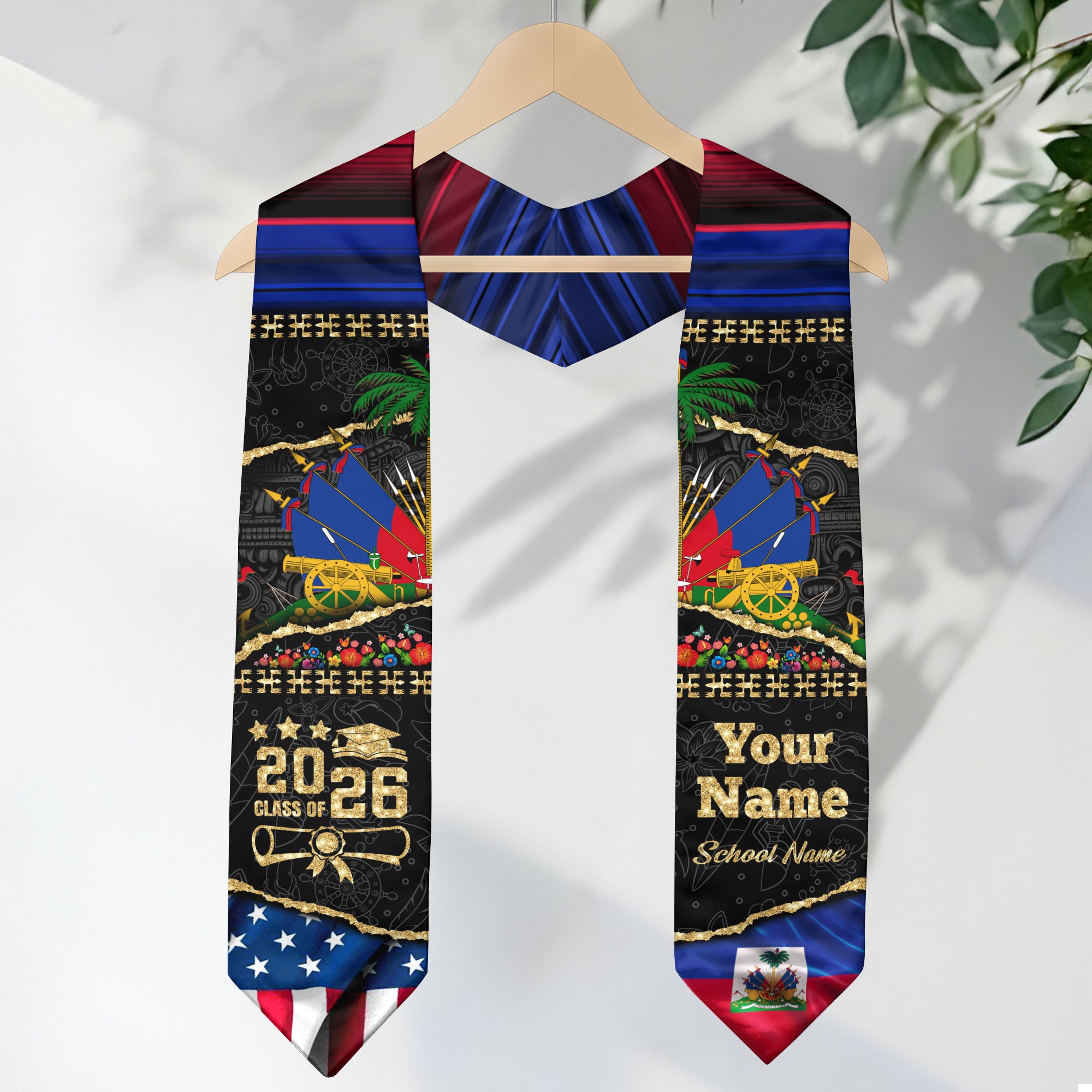 Customized Haiti Graduation Stole with Haitian Flag Elements, Graduation Sash for Class of 2026
