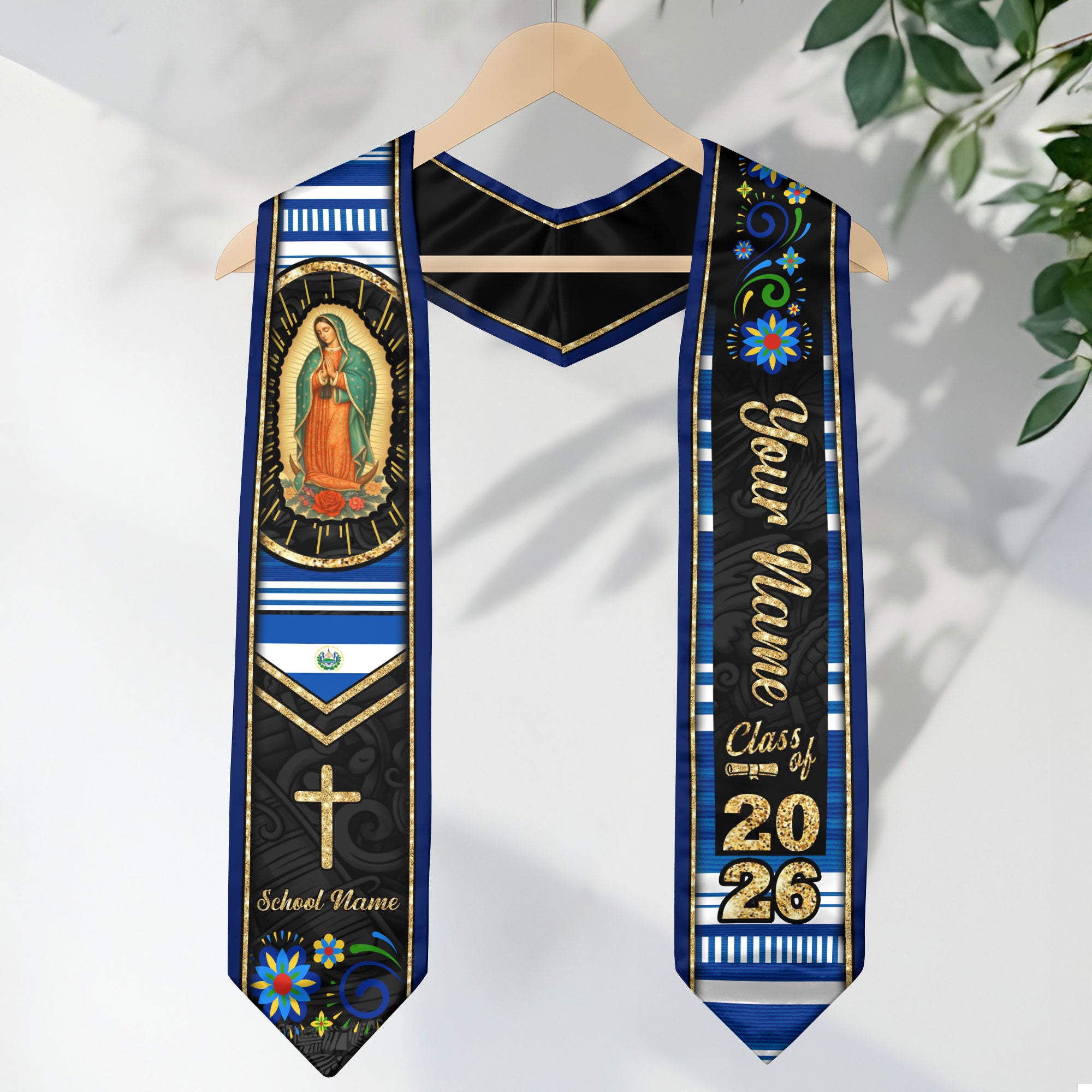 Customized El Salvador Graduation Stole Highlighting Salvadoran Flag Design, Graduation Sash for 2026