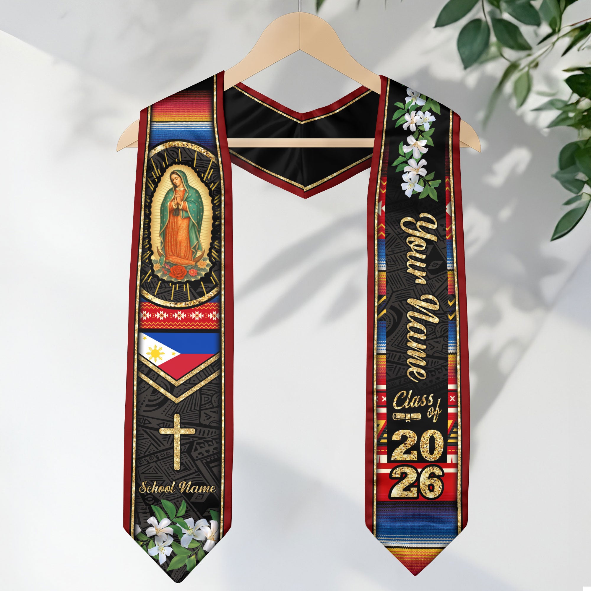 Customized Philippines Graduation Stole with Filipino Flag Inspired Pattern, Graduation Sash Class of 2026