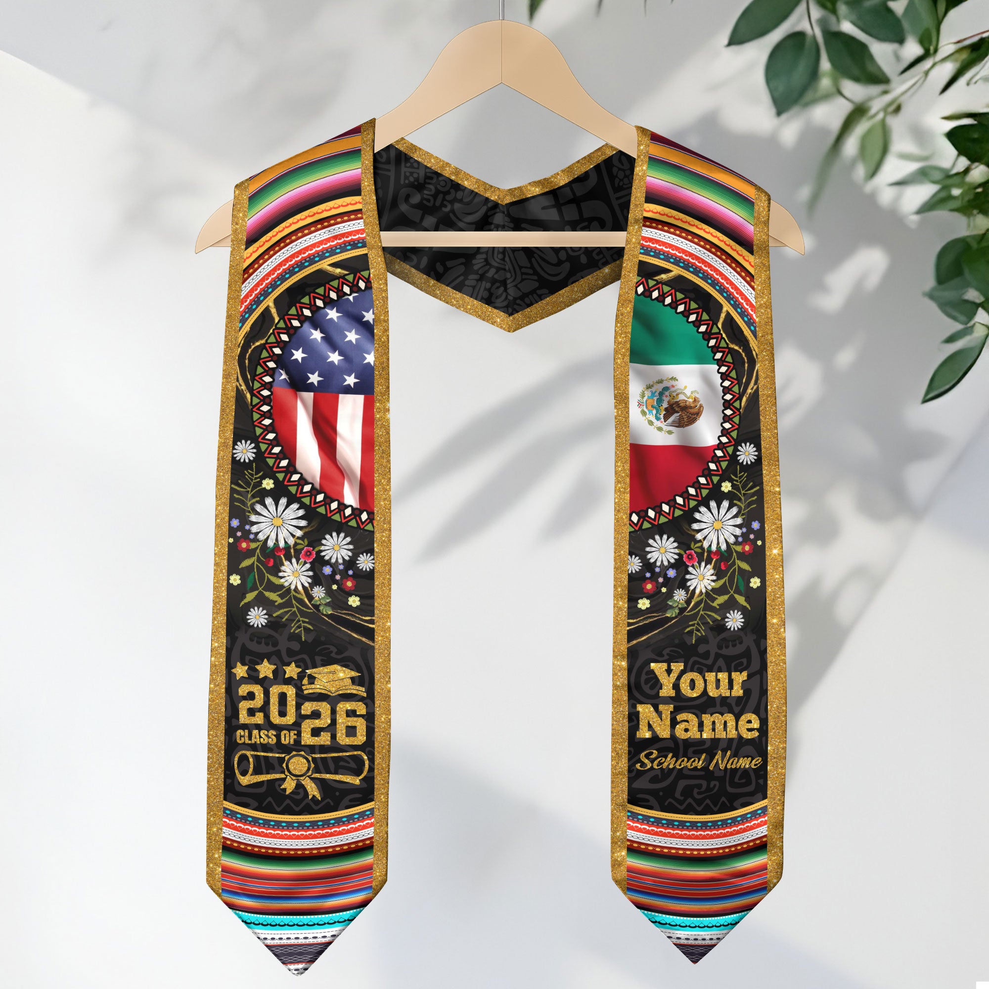 Customized Mexico Graduation Stole with Mexican Flag Heritage Pattern, Graduation Sash for the Class of 2026