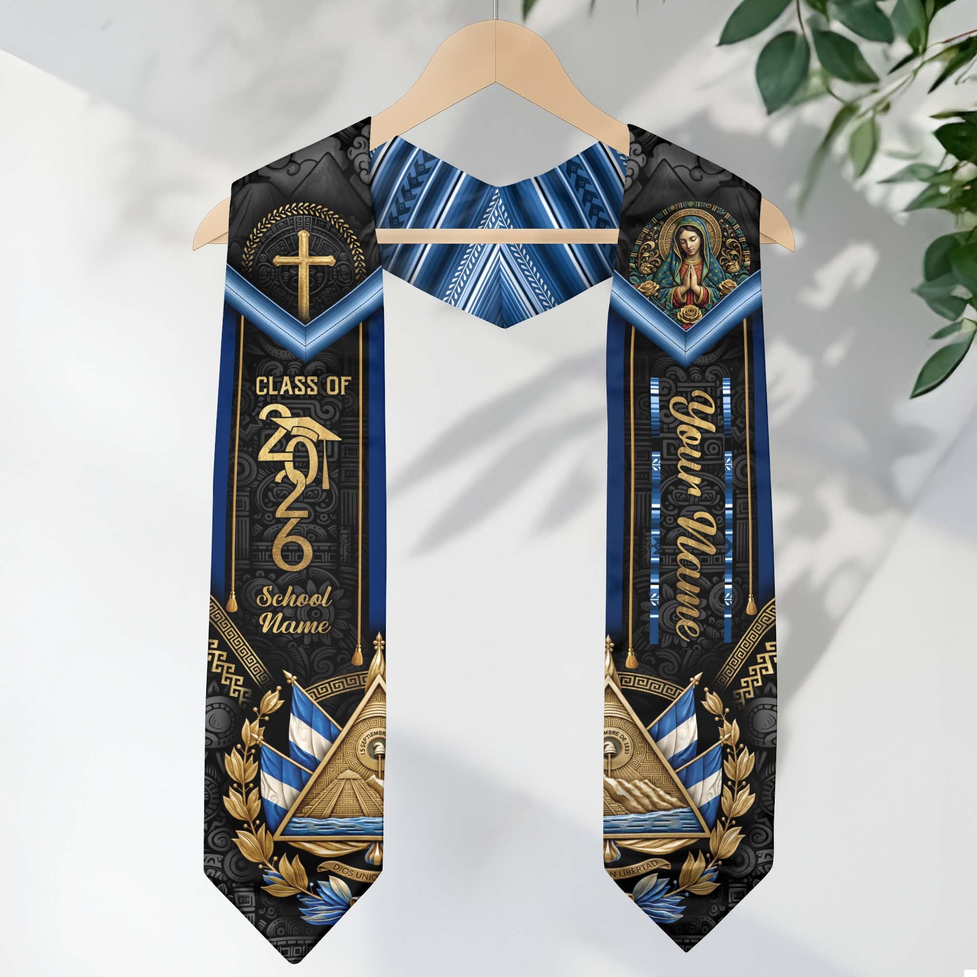 El Salvador Graduation Stole 2026 - Personalized Name Gold Cross Heritage Sash