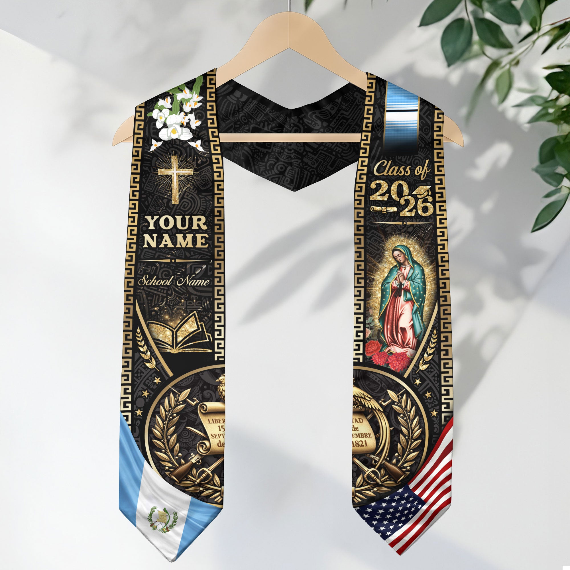 Guatemala Graduation Stole 2026 Custom Name School Name USA Guatemala Flag Virgin Mary Cross Academic Design