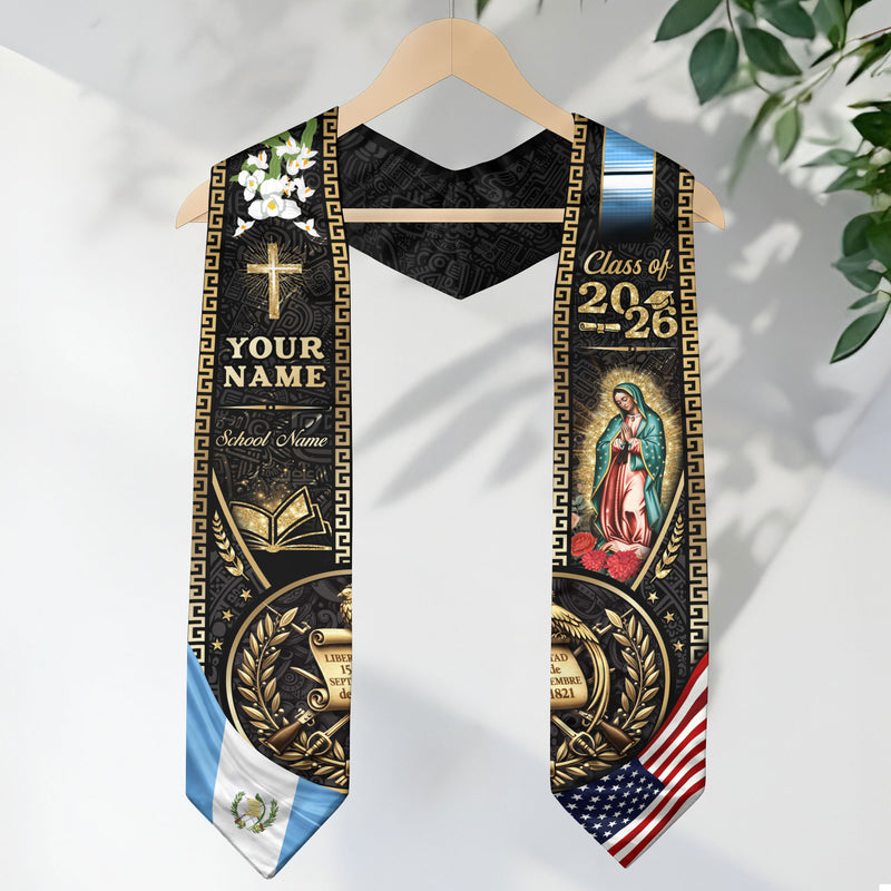 Guatemala Graduation Stole 2026 Custom Name School Name USA Guatemala Flag Virgin Mary Cross Academic Design