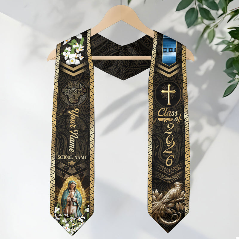 Customized Guatemala Graduation Stole Class of 2026 Name School Virgin Mary Cross Quetzal Cultural Design