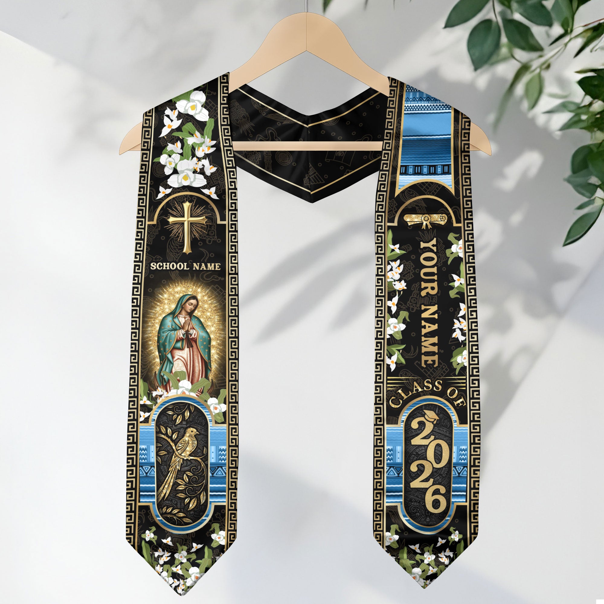 Customized Guatemala Graduation Stole Class of 2026 Personalized Name School Virgin Mary Cross Elegant Floral Style