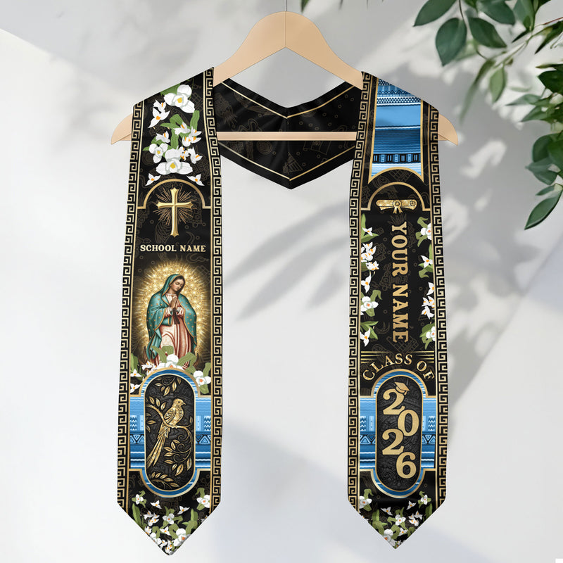 Customized Guatemala Graduation Stole Class of 2026 Personalized Name School Virgin Mary Cross Elegant Floral Style