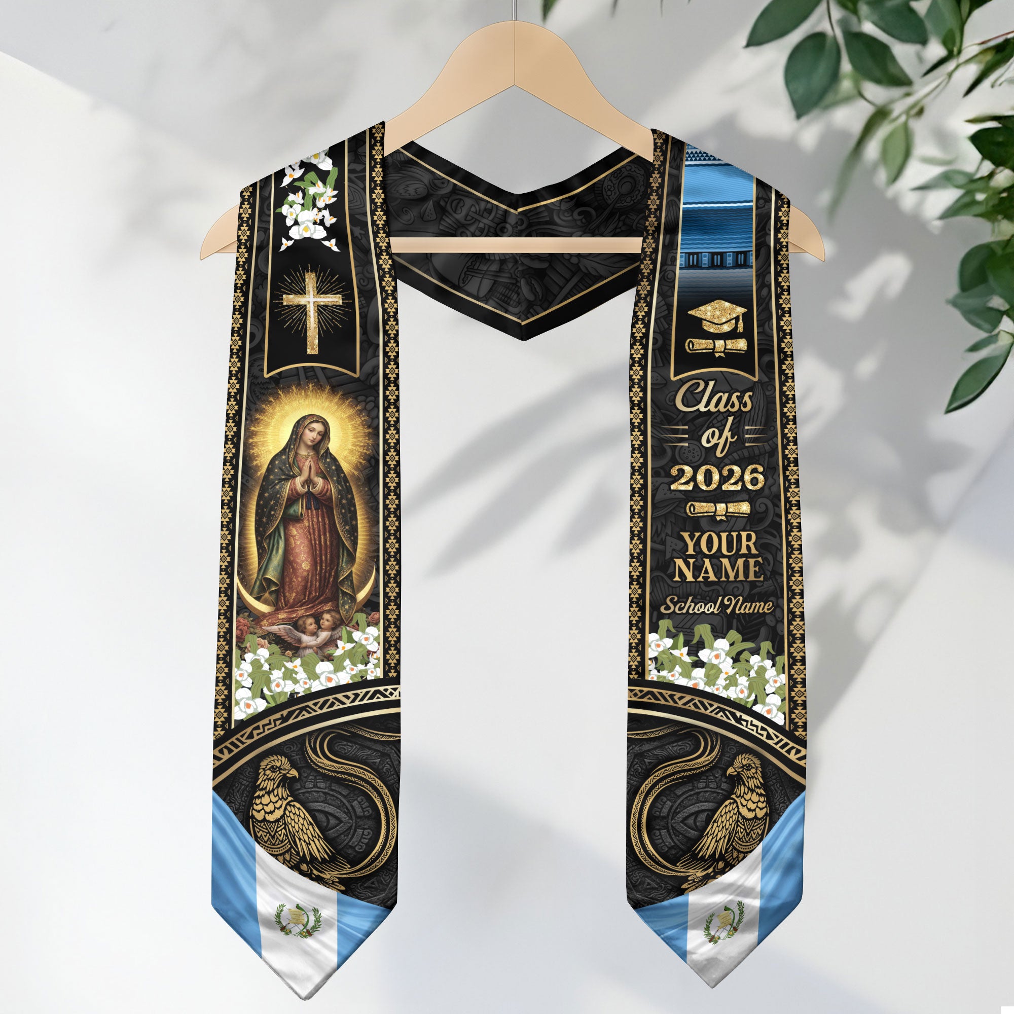 Customized Guatemala Graduation Stole Class of 2026 Name School Catholic Virgin Mary Quetzal Heritage Design