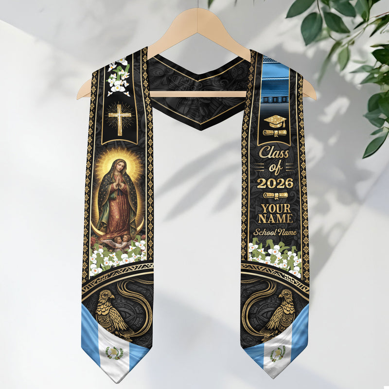 Customized Guatemala Graduation Stole Class of 2026 Name School Catholic Virgin Mary Quetzal Heritage Design