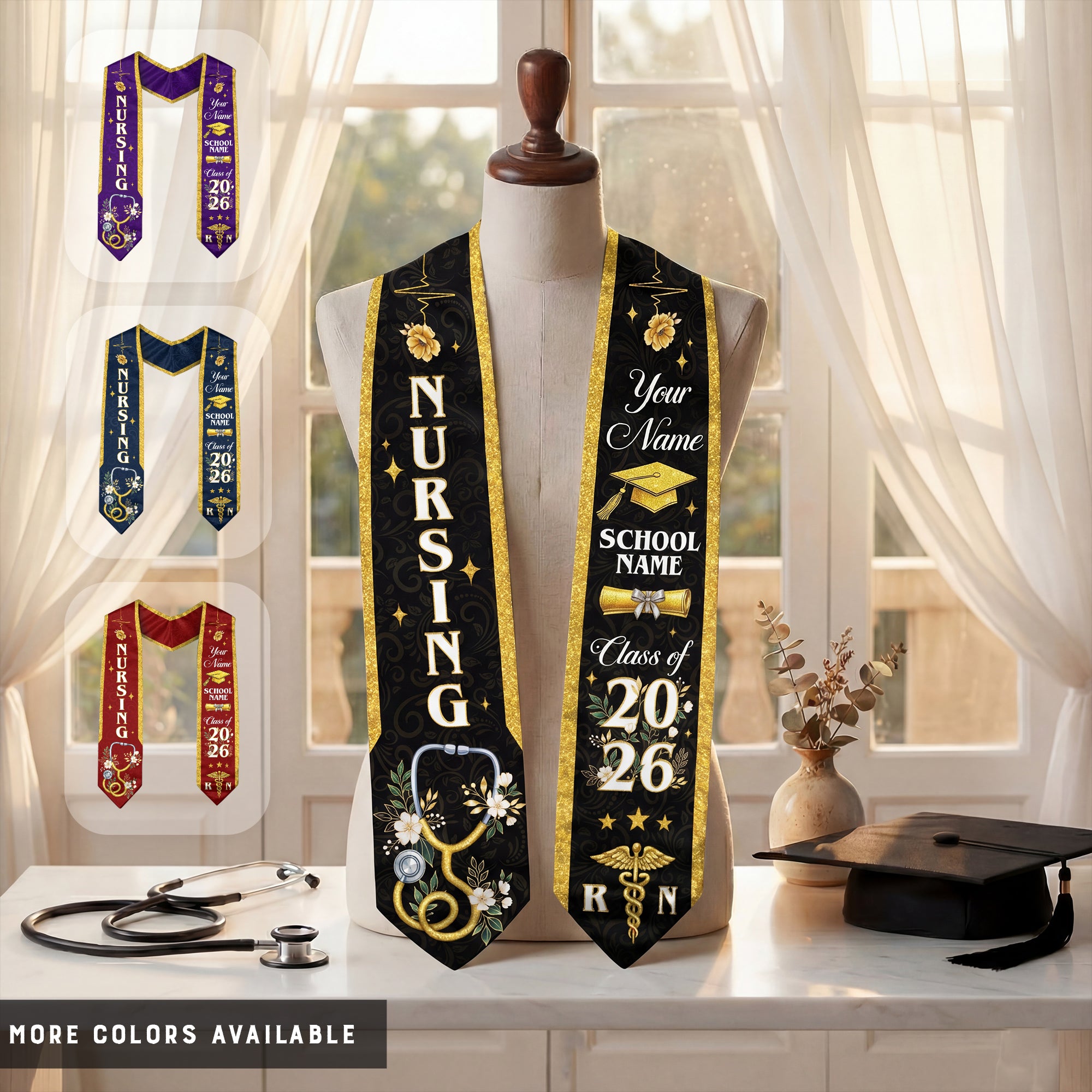 RN Nursing Graduation Stole, Class of 2026, Custom Name School, Stethoscope Pattern, Sash Gift
