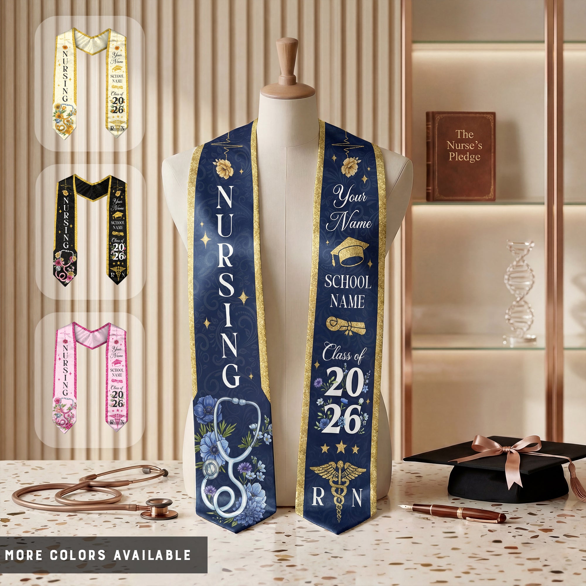 RN Graduation Stole Nursing Class of 2026, Custom Name School, Floral Medical Theme, Personalized Sash Gift