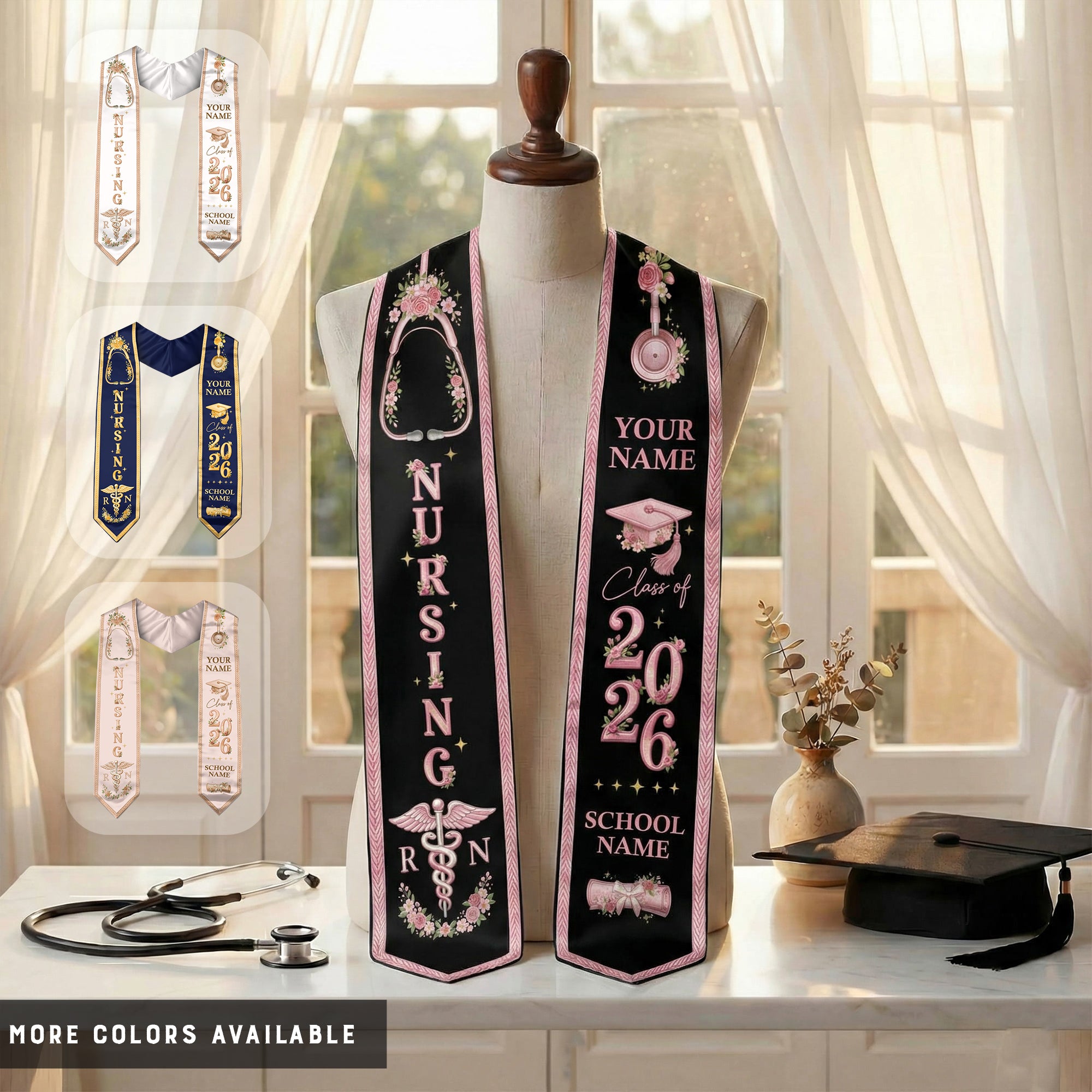 RN Nursing Stole Class of 2026, Personalized Graduation Sash, Custom Name School Detail, Elegant Medical Motif Gift