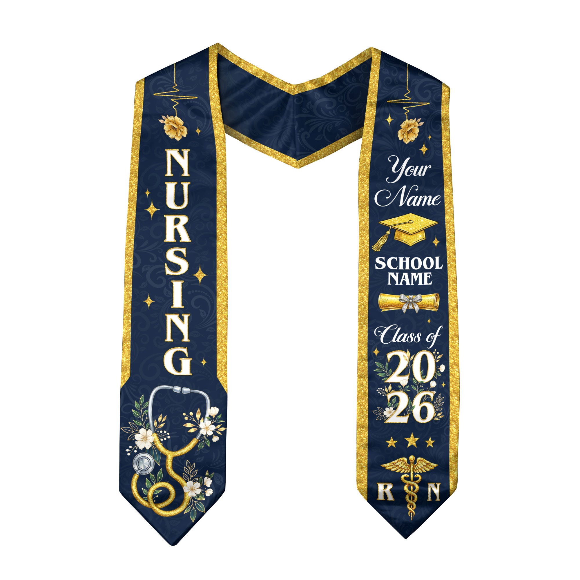 RN Nursing Graduation Stole, Class of 2026, Custom Name School, Stethoscope Pattern, Sash Gift