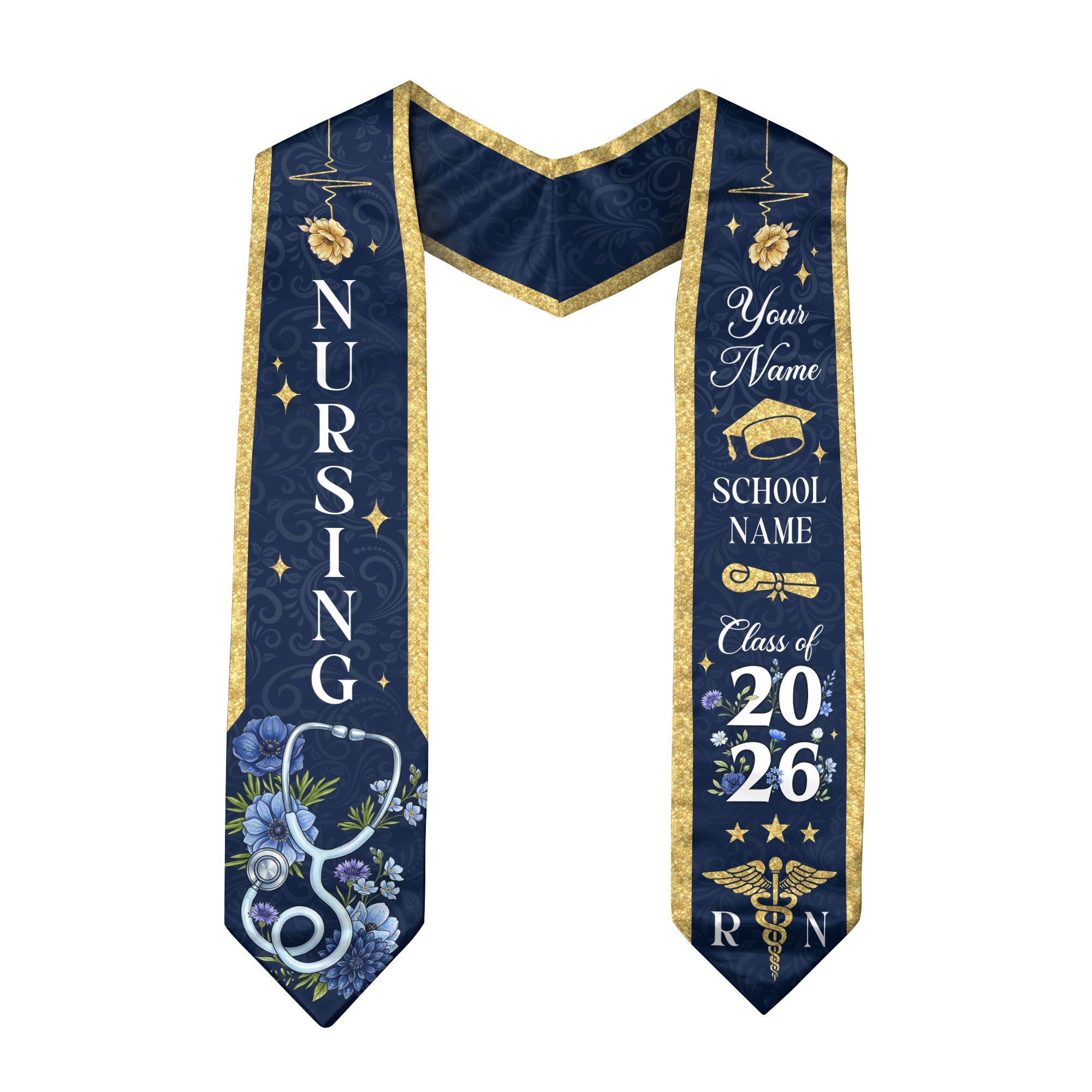 RN Graduation Stole Nursing Class of 2026, Custom Name School, Floral Medical Theme, Personalized Sash Gift