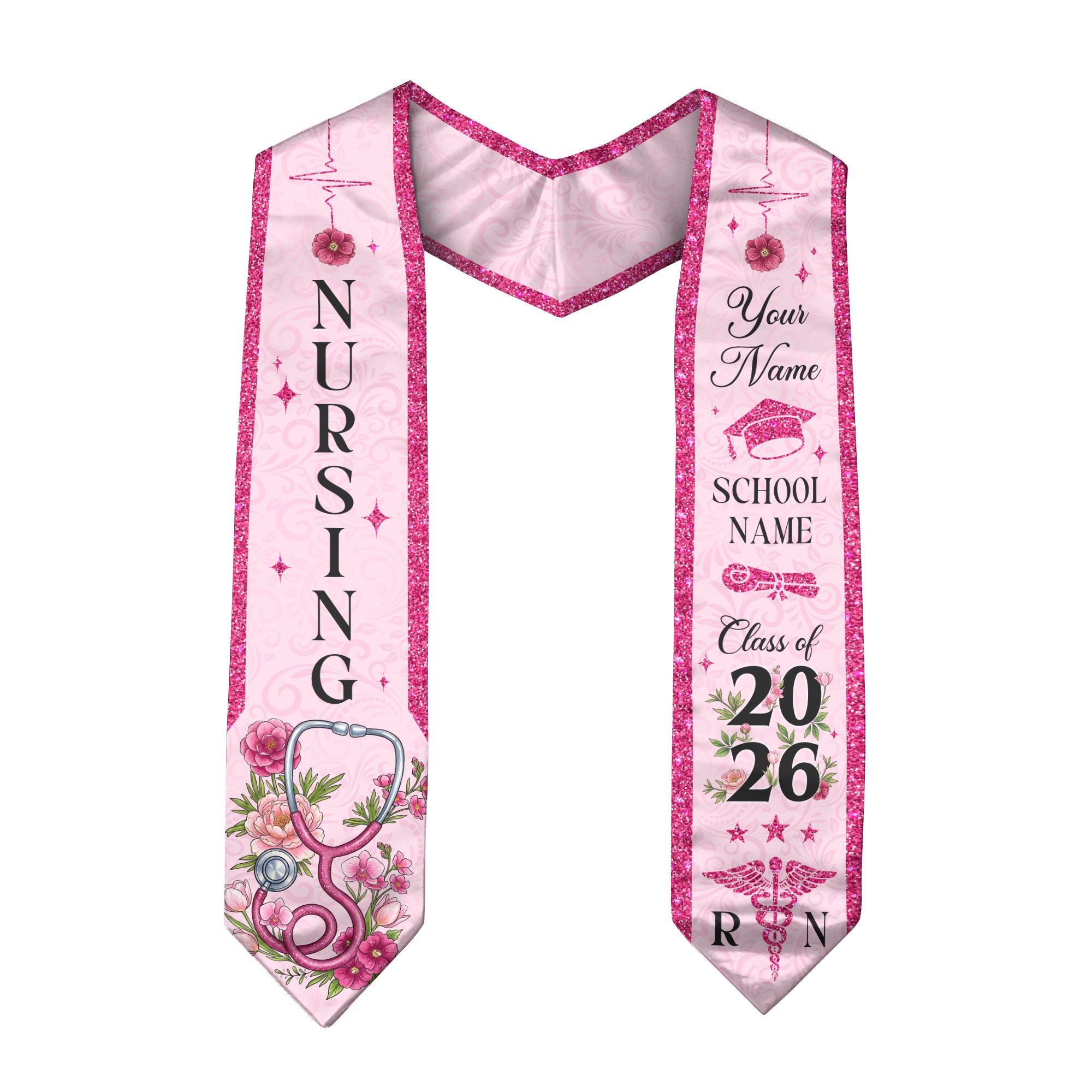 RN Graduation Stole Nursing Class of 2026, Custom Name School, Floral Medical Theme, Personalized Sash Gift