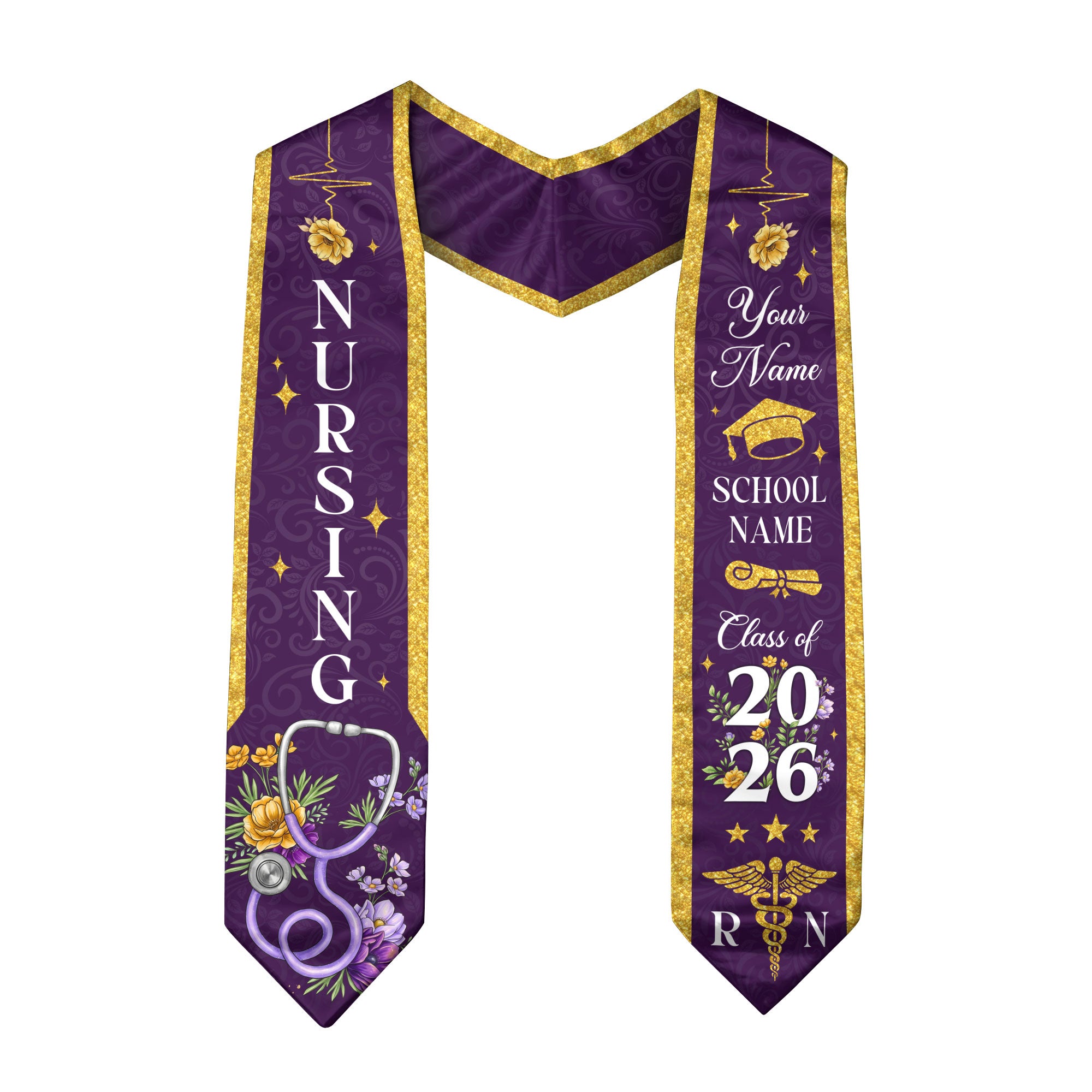 RN Graduation Stole Nursing Class of 2026, Custom Name School, Floral Medical Theme, Personalized Sash Gift