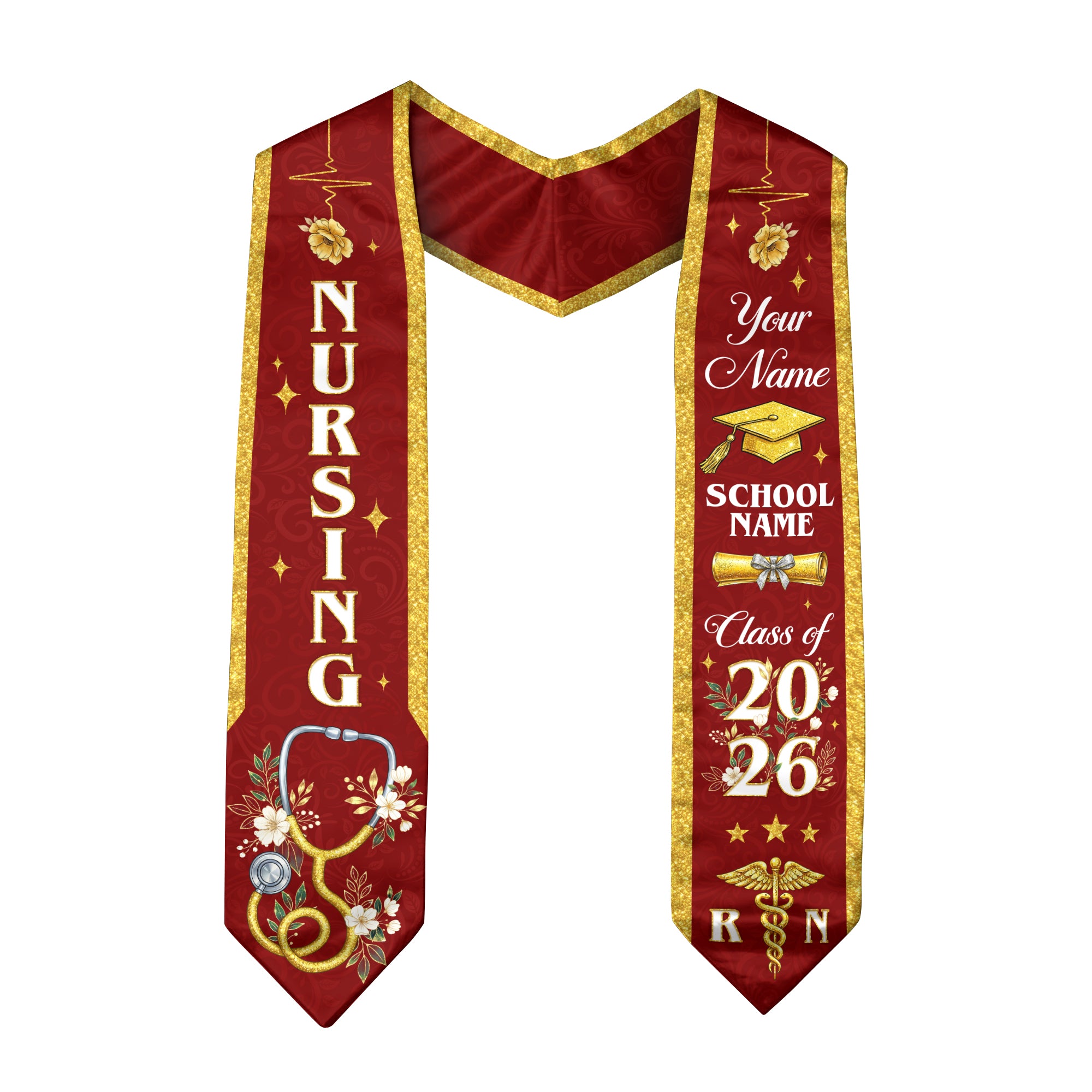 RN Nursing Graduation Stole, Class of 2026, Custom Name School, Stethoscope Pattern, Sash Gift