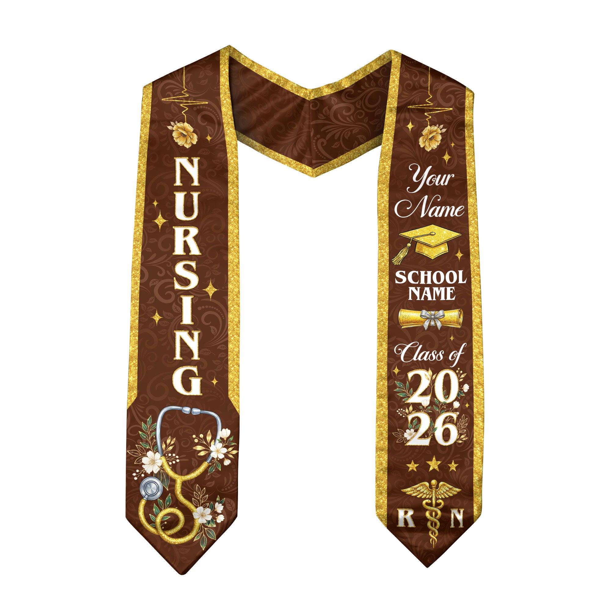RN Nursing Graduation Stole, Class of 2026, Custom Name School, Stethoscope Pattern, Sash Gift