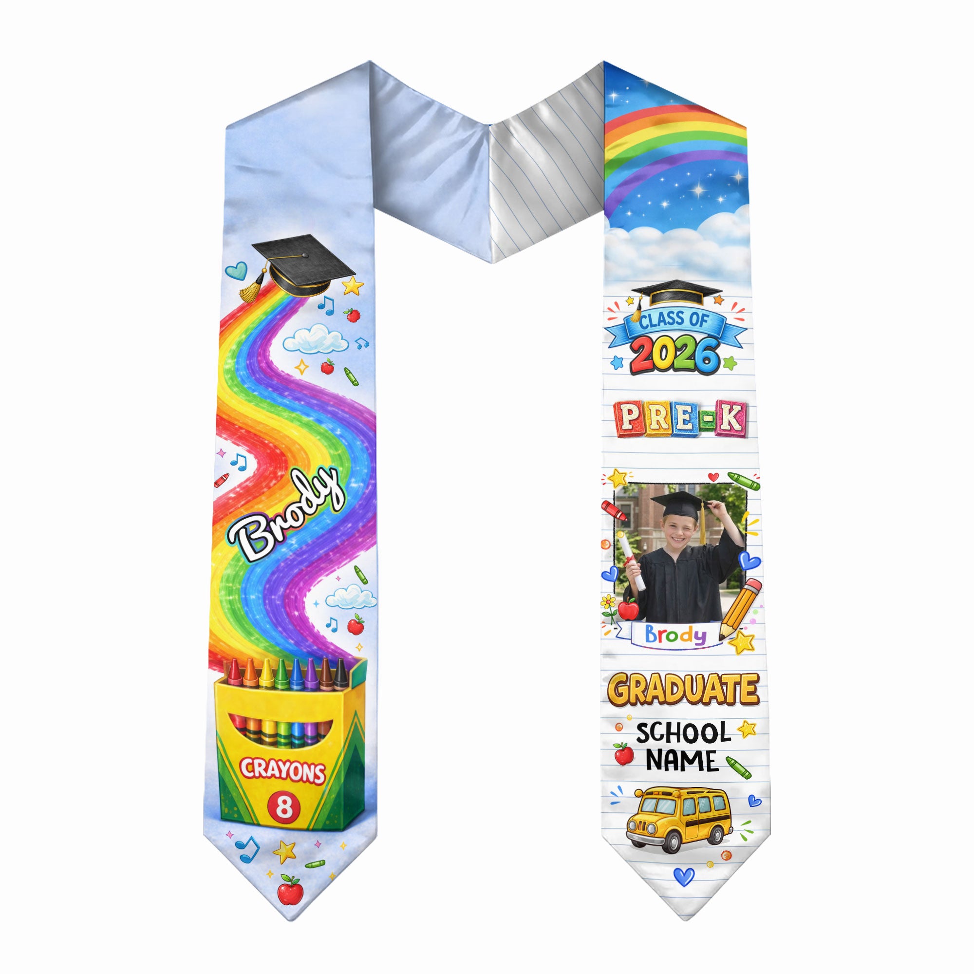 Personalized Graduation Stole for Kids - Custom Photo & School Name 2026 Rainbow Sash