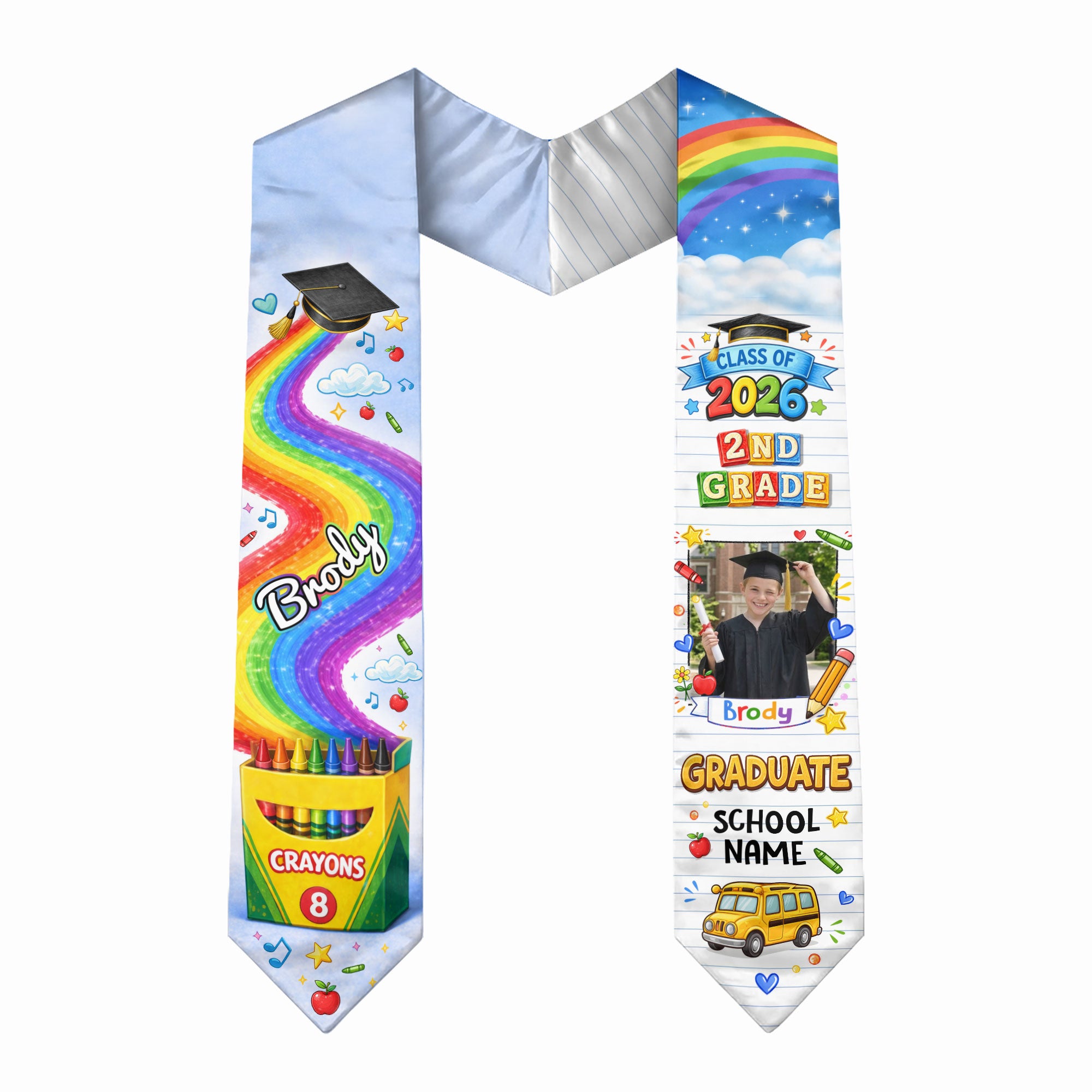 Personalized Graduation Stole for Kids - Custom Photo & School Name 2026 Rainbow Sash